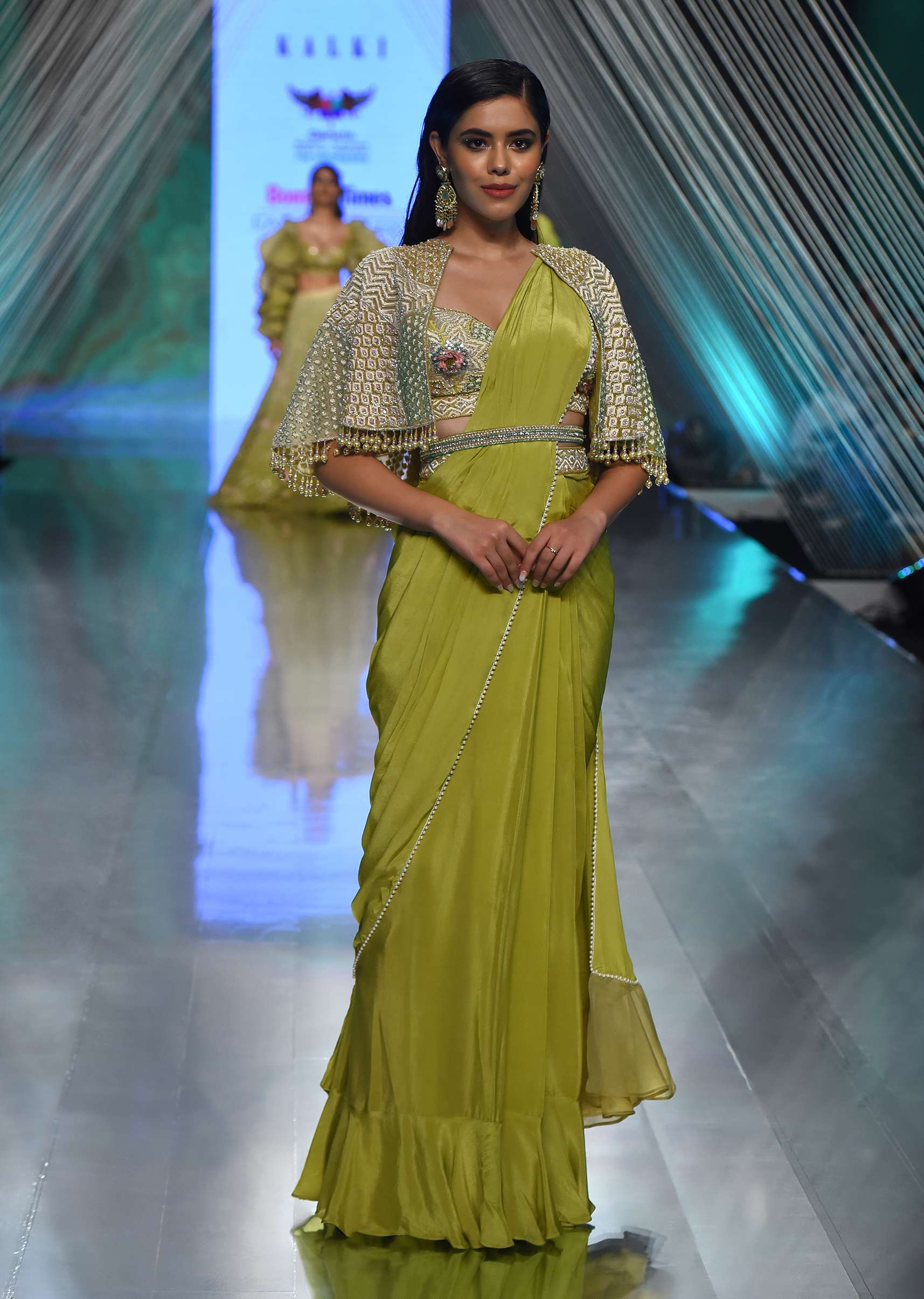 Citrus Green Palazzo Set With A Crop Top In Mirror Work Floral Embroidered Butttis - Image 2