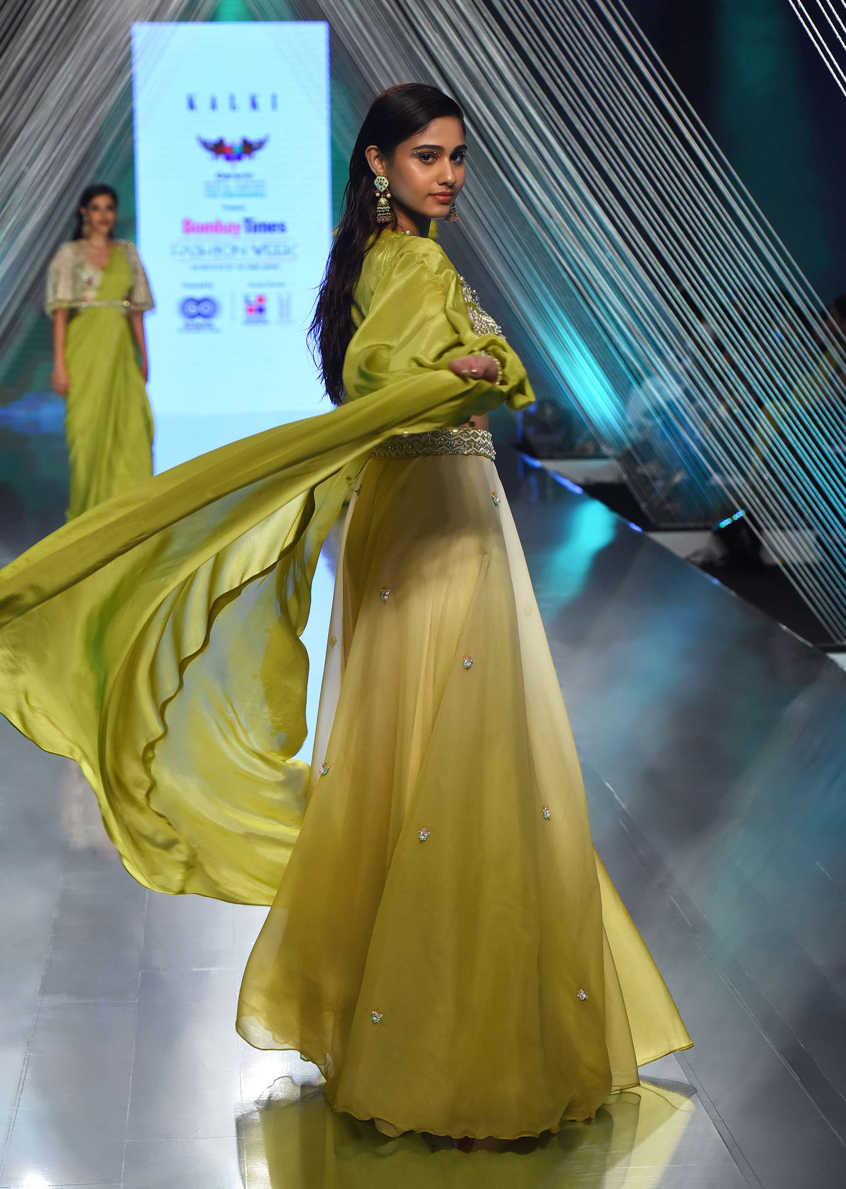 Citrus Green Palazzo Set With A Crop Top In Mirror Work Floral Embroidered Butttis - Image 3