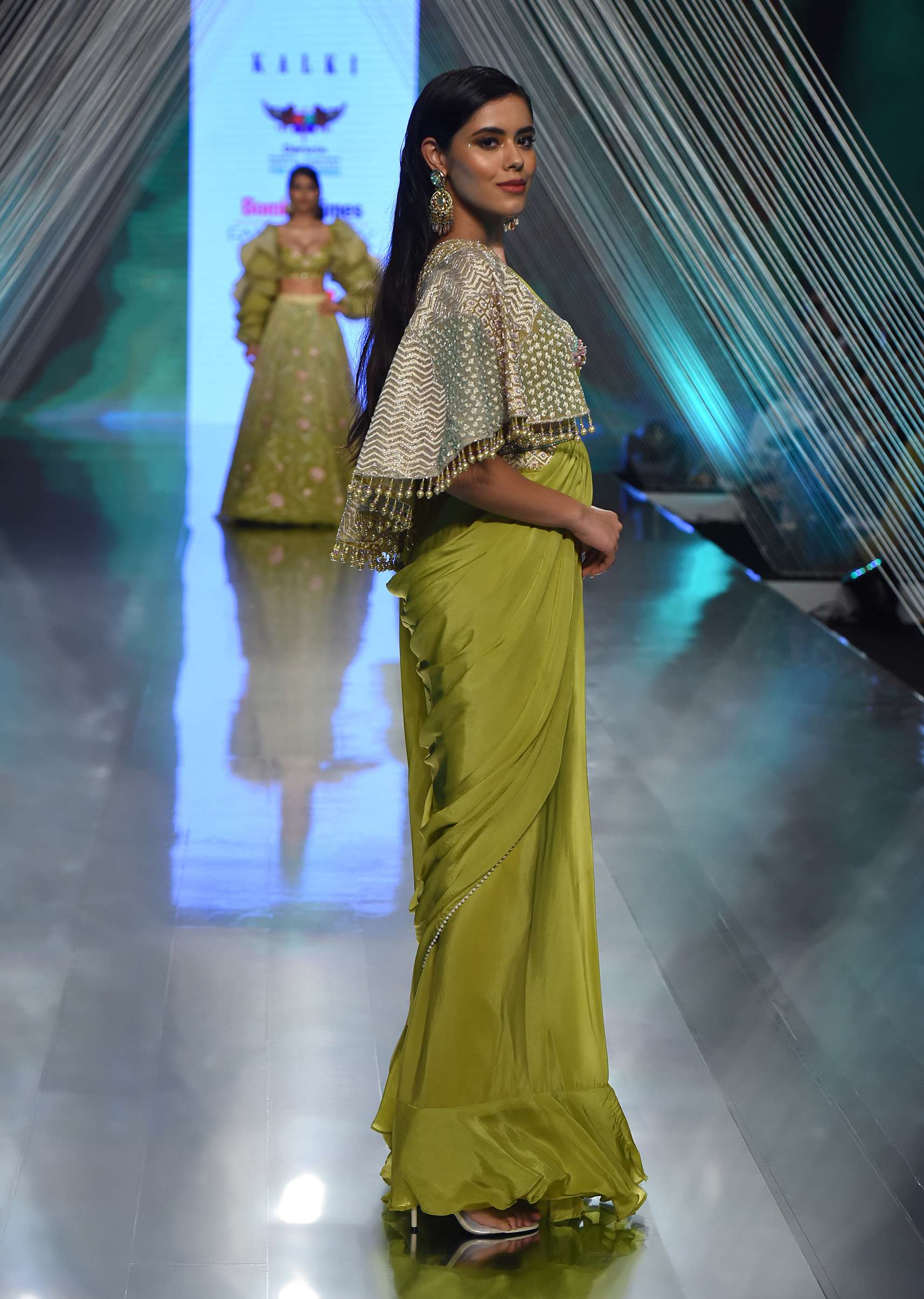 Citrus Green Palazzo Set With A Crop Top In Mirror Work Floral Embroidered Butttis - Image 4