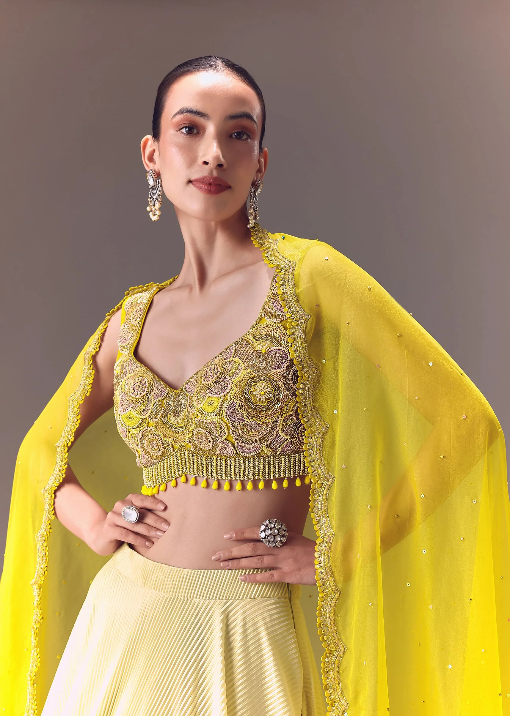 Citrus Green Ombre Crushed Lehenga Set With Organza Dupatta - Image 4