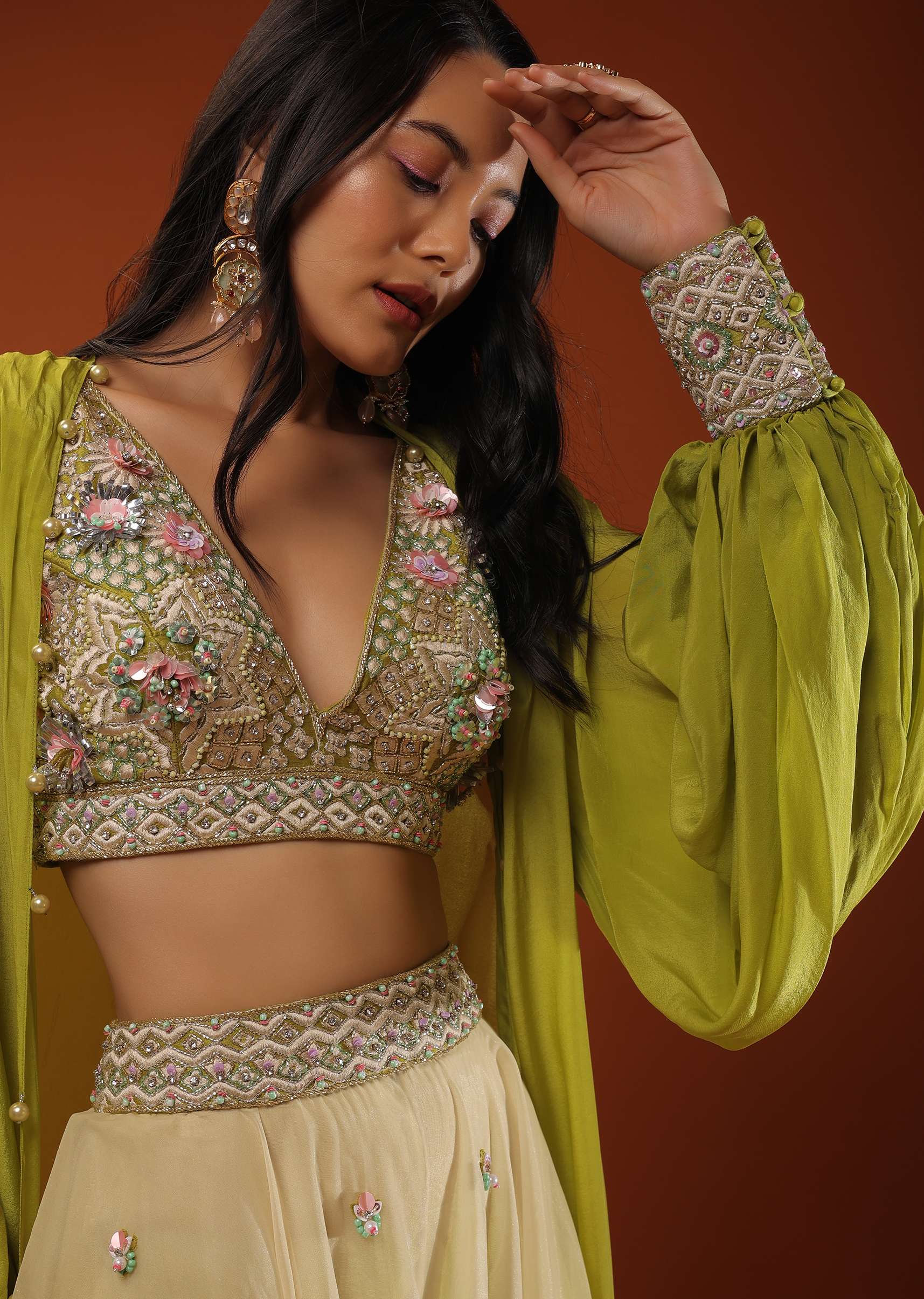 Citrus Green Palazzo Set With A Crop Top In Mirror Work Floral Embroidered Butttis - Image 11