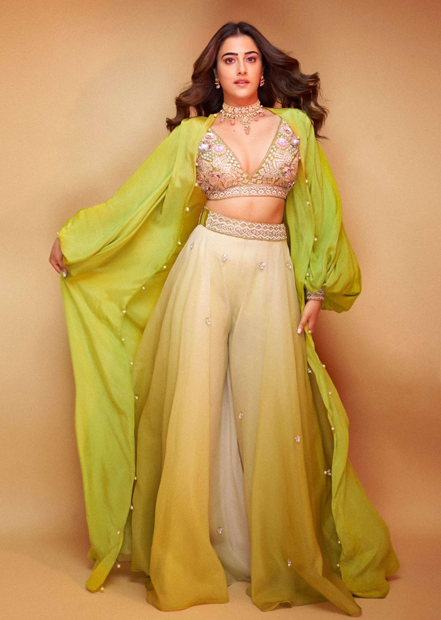 Citrus Green Palazzo Set With A Crop Top In Mirror Work Floral Embroidered Butttis - Image 3