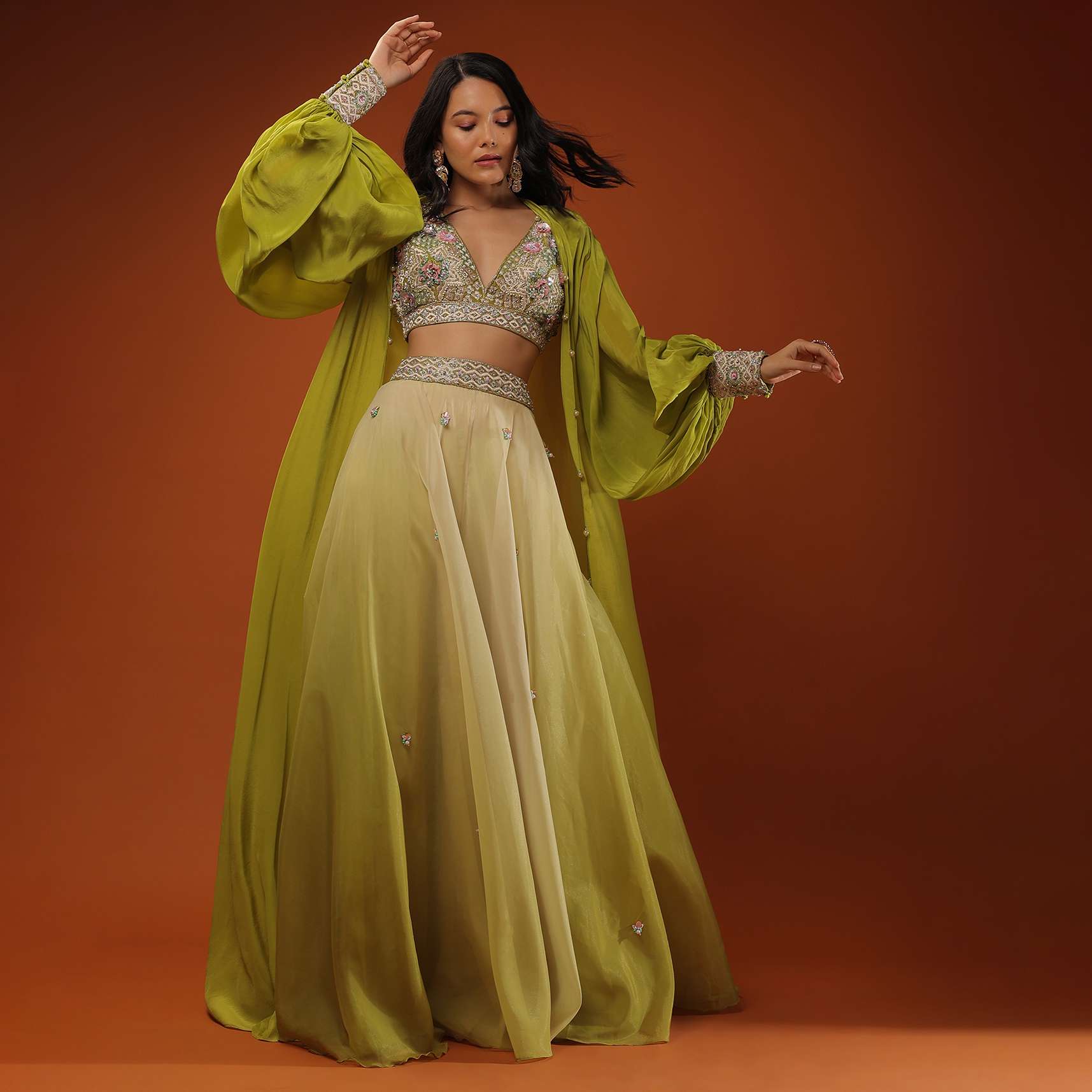 Citrus Green Palazzo Set With A Crop Top In Mirror Work Floral Embroidered Butttis - Image 4