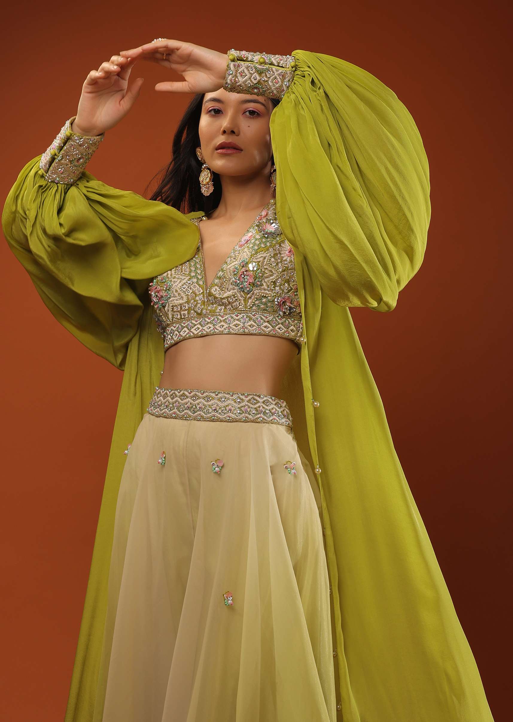 Citrus Green Palazzo Set With A Crop Top In Mirror Work Floral Embroidered Butttis - Image 6