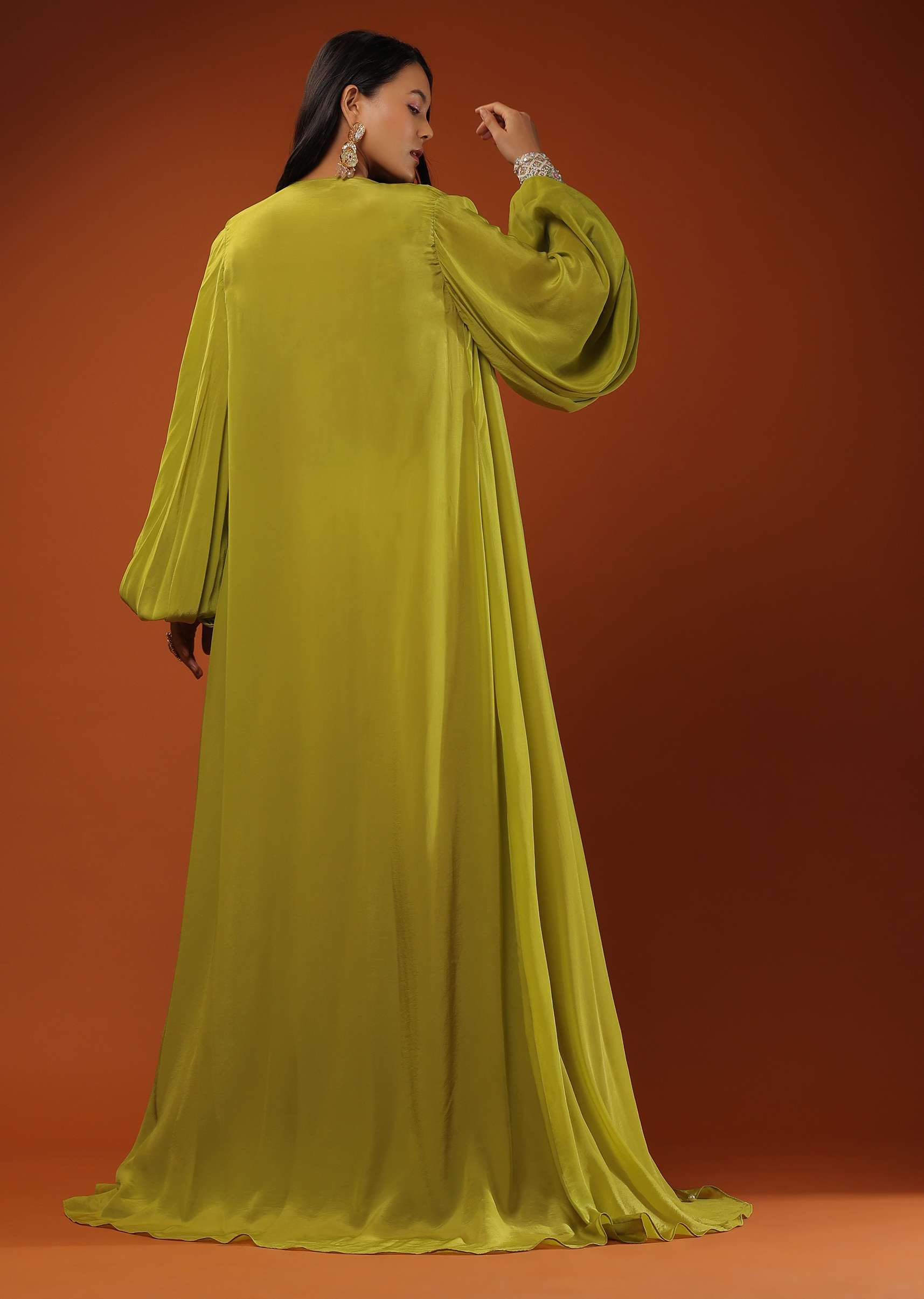 Citrus Green Palazzo Set With A Crop Top In Mirror Work Floral Embroidered Butttis - Image 8