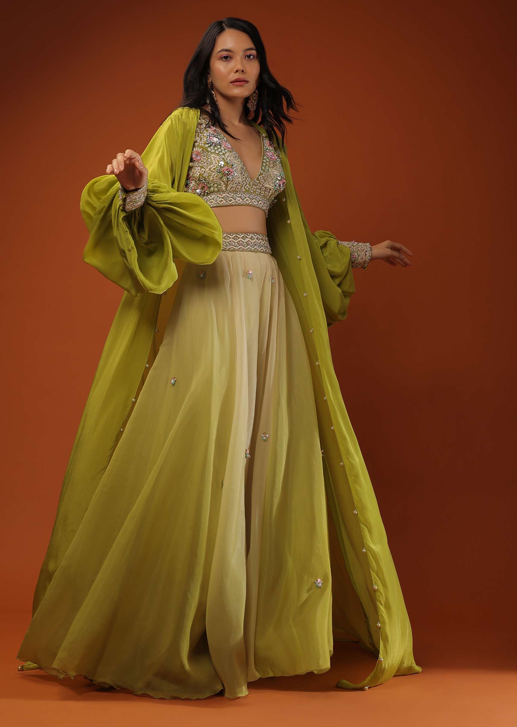Citrus Green Palazzo Set With A Crop Top In Mirror Work Floral Embroidered Butttis - Image 9