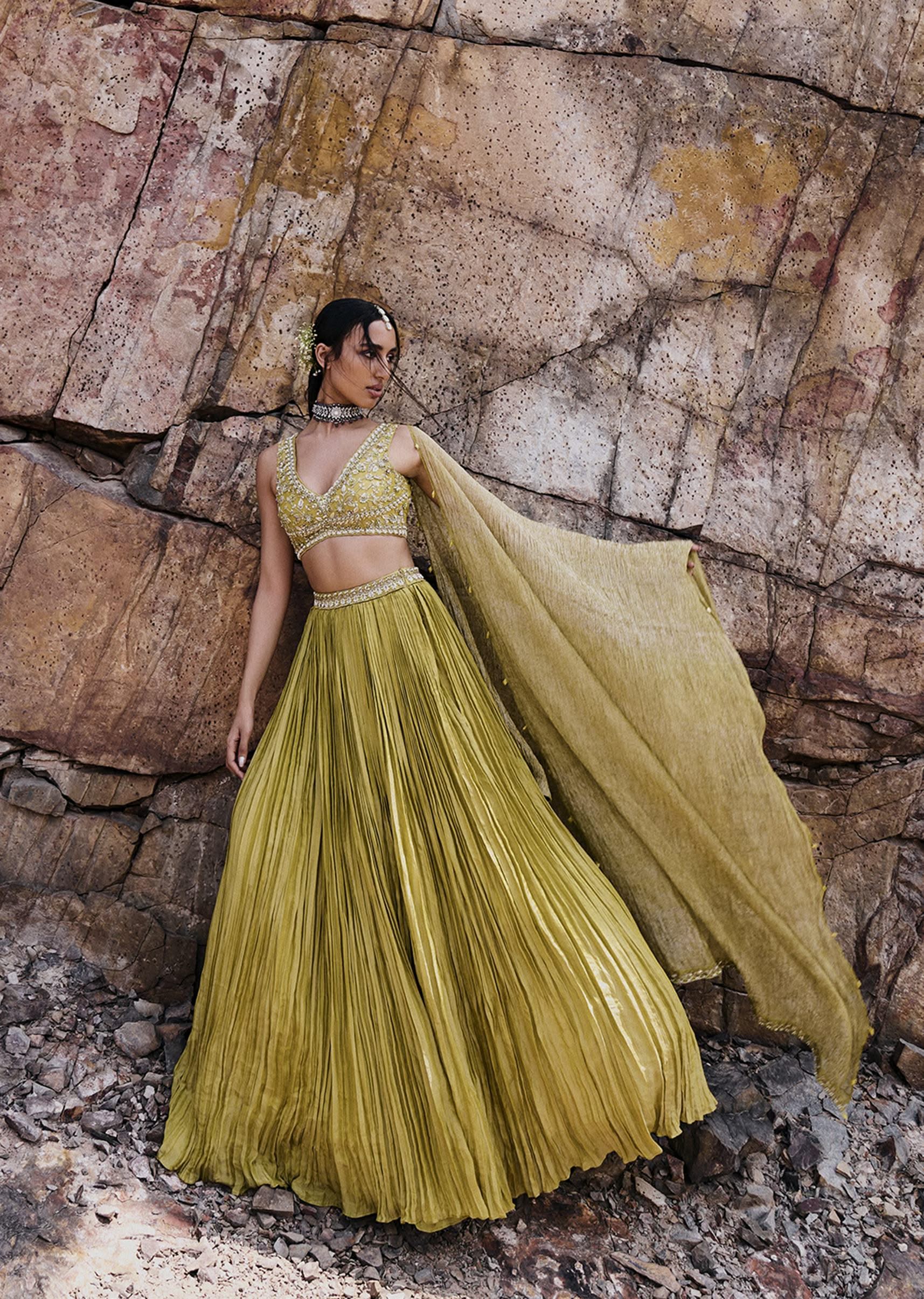 Citrus Green Ruched Lehenga With Blouse And Crush Dupatta - Image 3