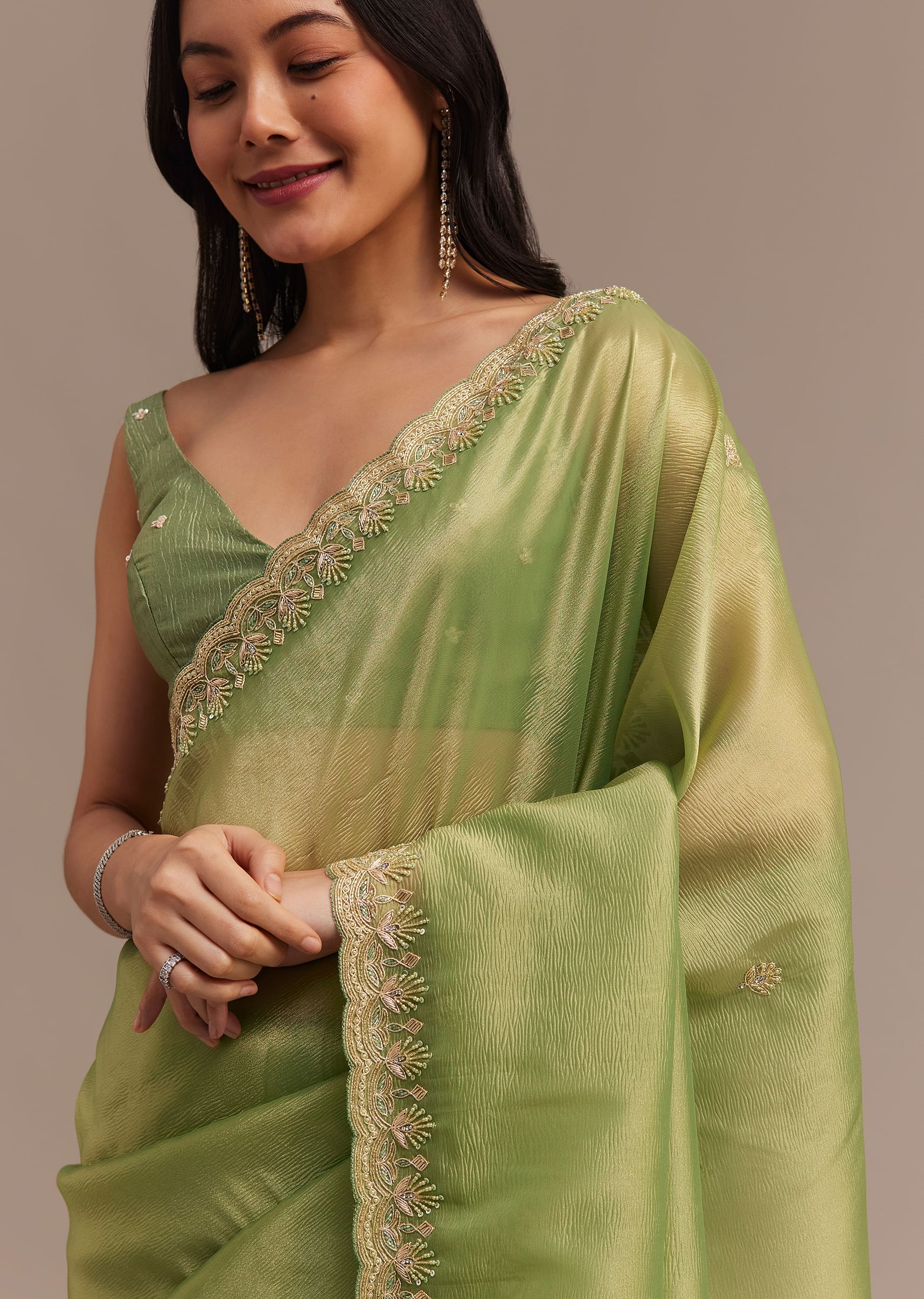 Citrus Green Tissue Organza Saree Embroidered With Cutdana And Beads - Image 3