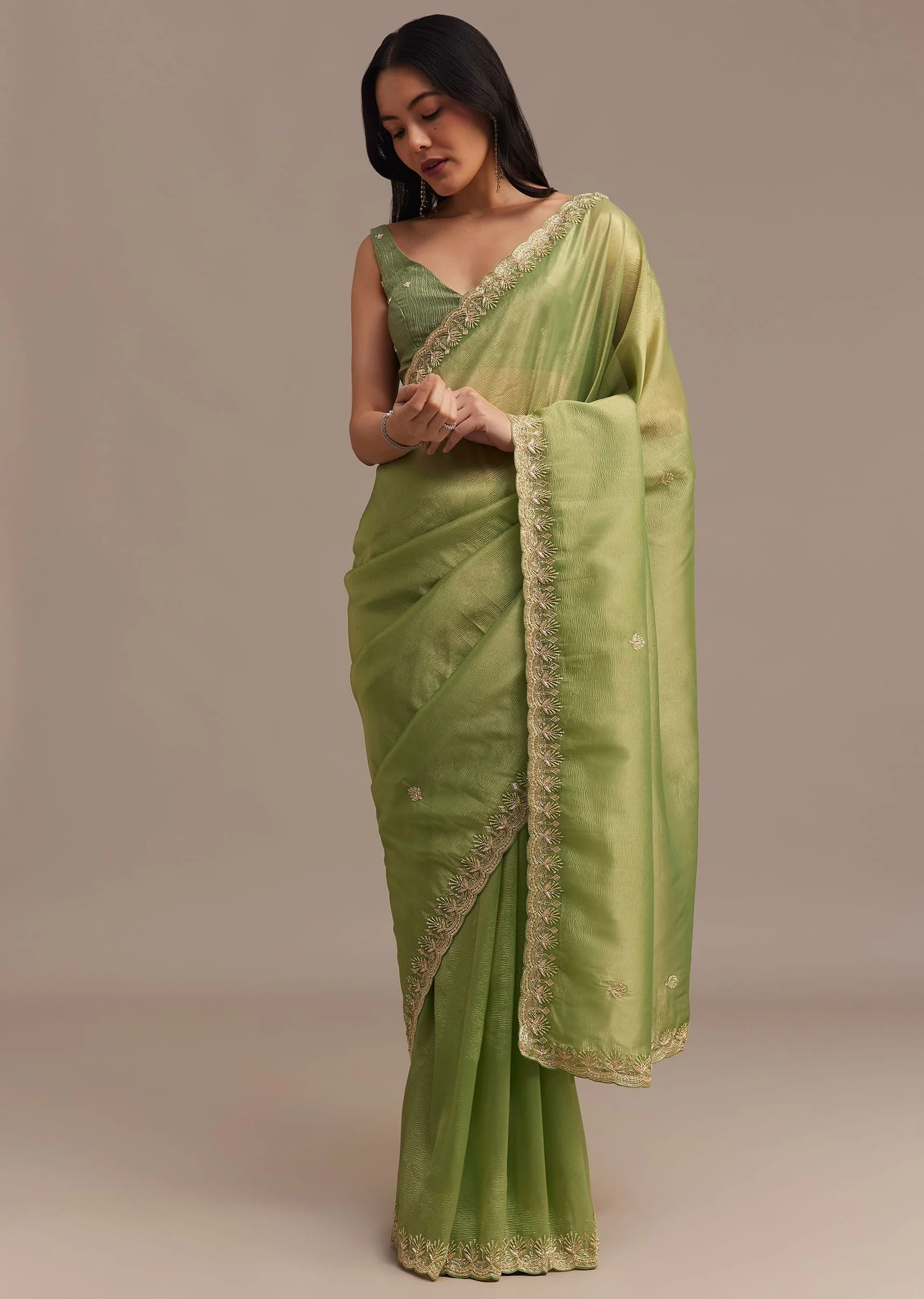 Citrus Green Tissue Organza Saree Embroidered With Cutdana And Beads - Image 5