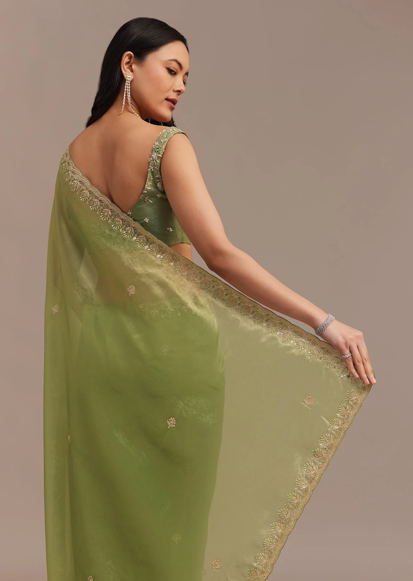 Citrus Green Tissue Organza Saree Embroidered With Cutdana And Beads - Image 6