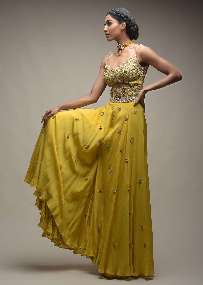 Citrus Jumpsuit In Crepe With Front Cut Out And Zardozi Embroidered Floral Jaal - Image 5