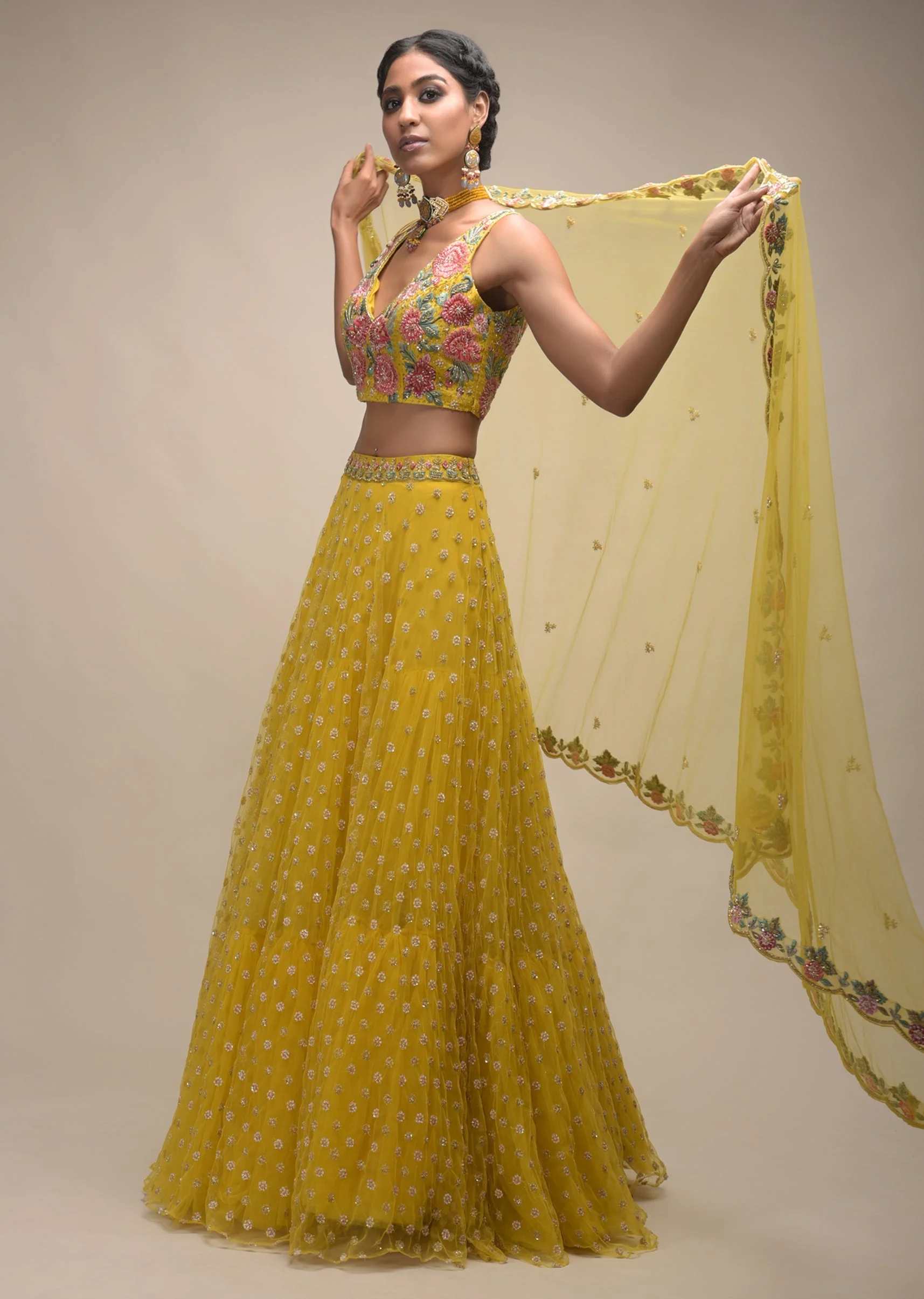 Citrus Lehenga And Crop Top With Resham Embroidered Spring Blossoms - Image 3