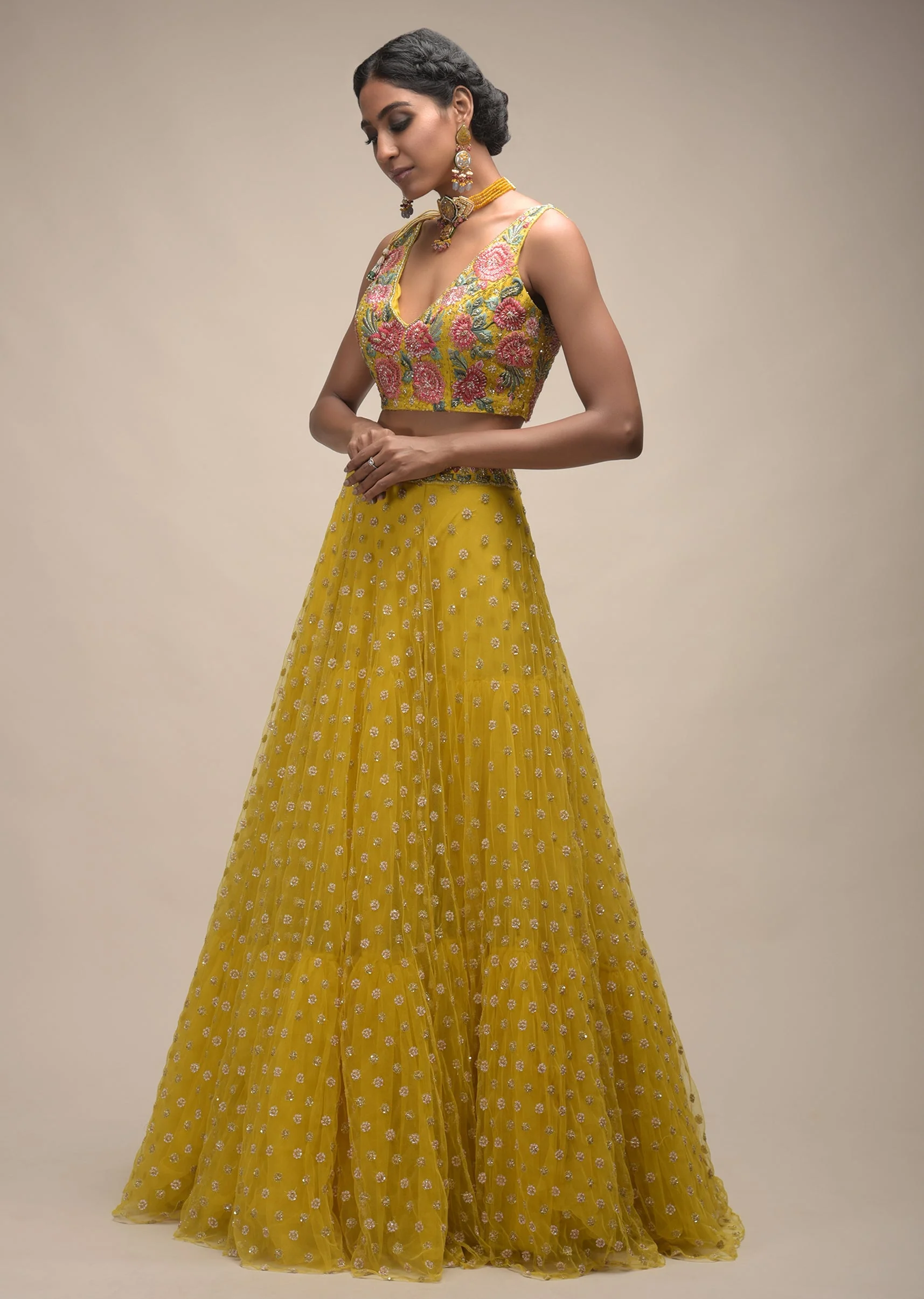 Citrus Lehenga And Crop Top With Resham Embroidered Spring Blossoms - Image 5
