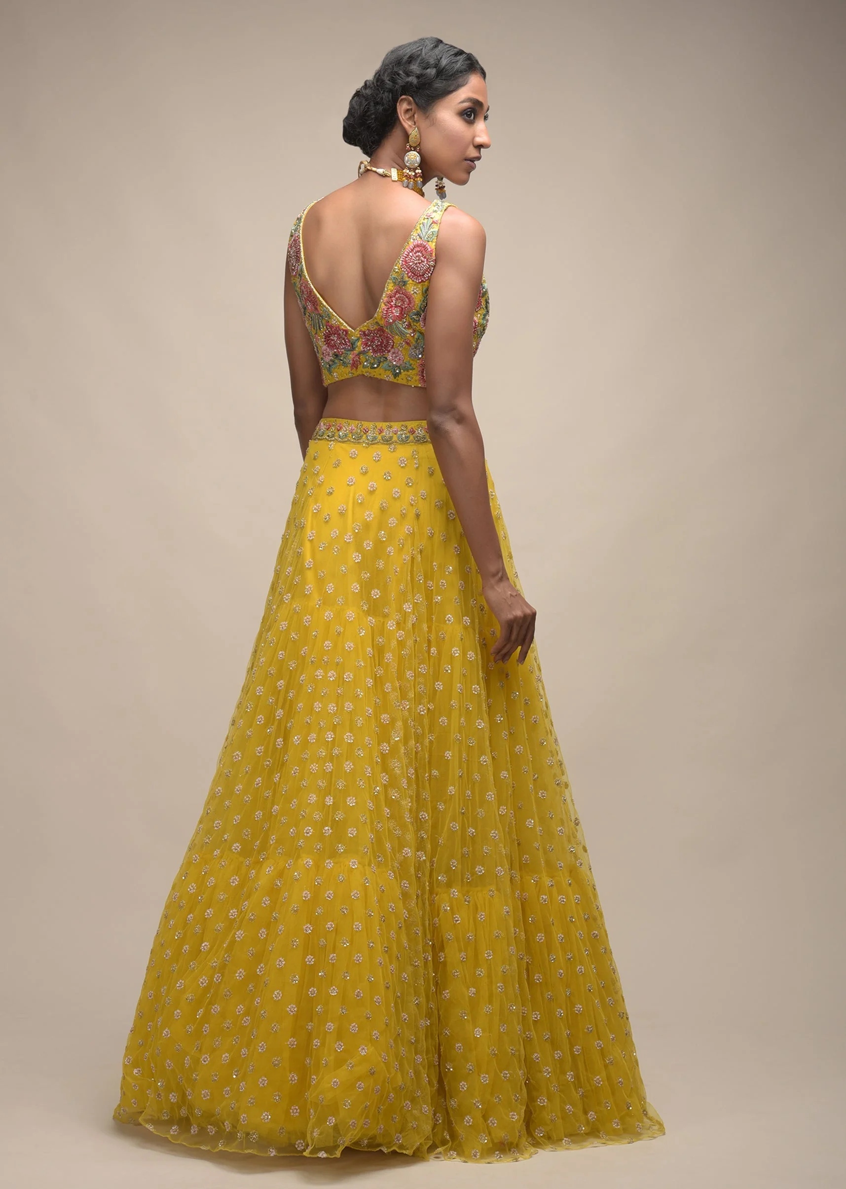 Citrus Lehenga And Crop Top With Resham Embroidered Spring Blossoms - Image 7