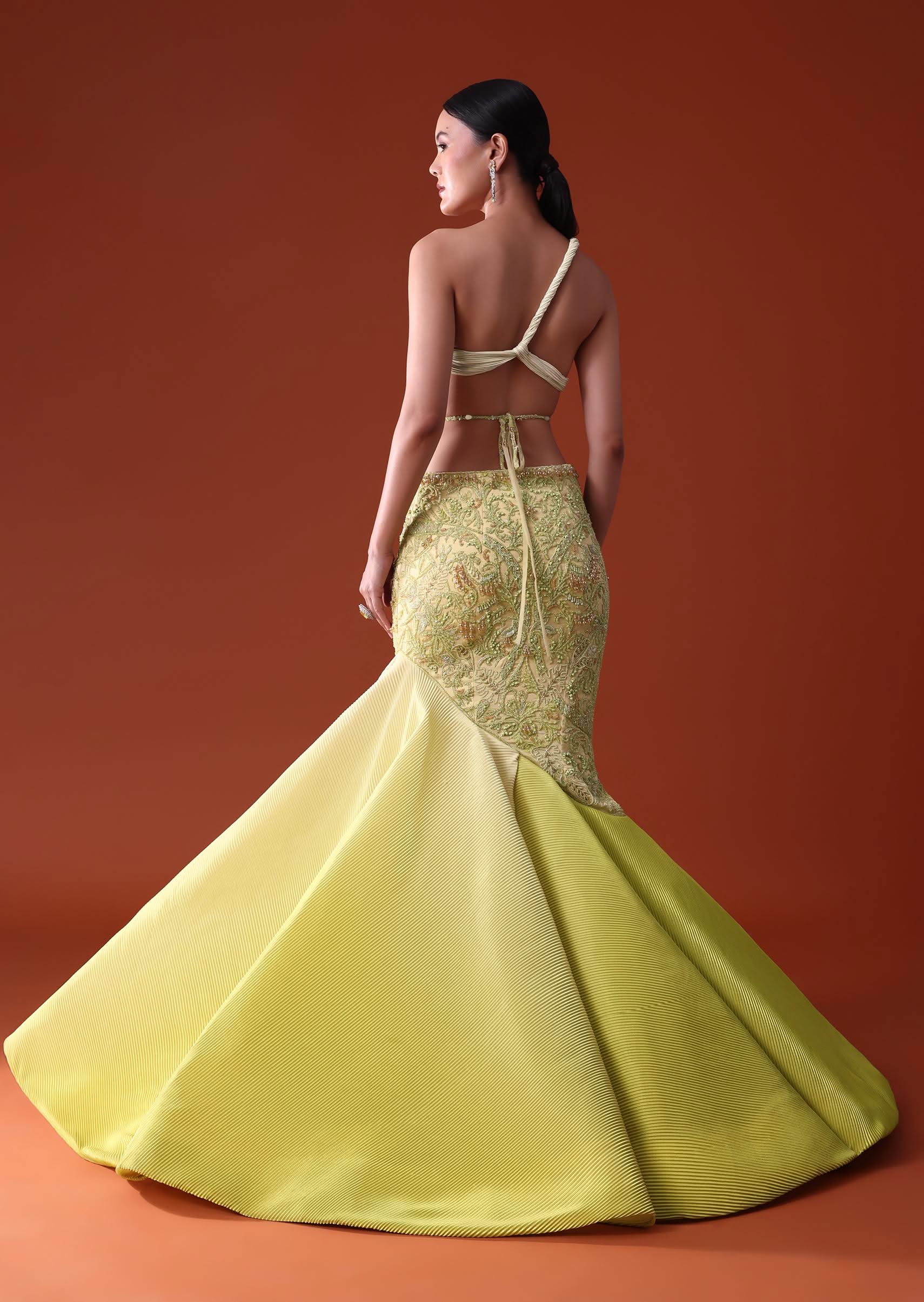 Citrus Green Pre Pleated Fish Cut Skirt And Choker Dupatta Set - Image 3