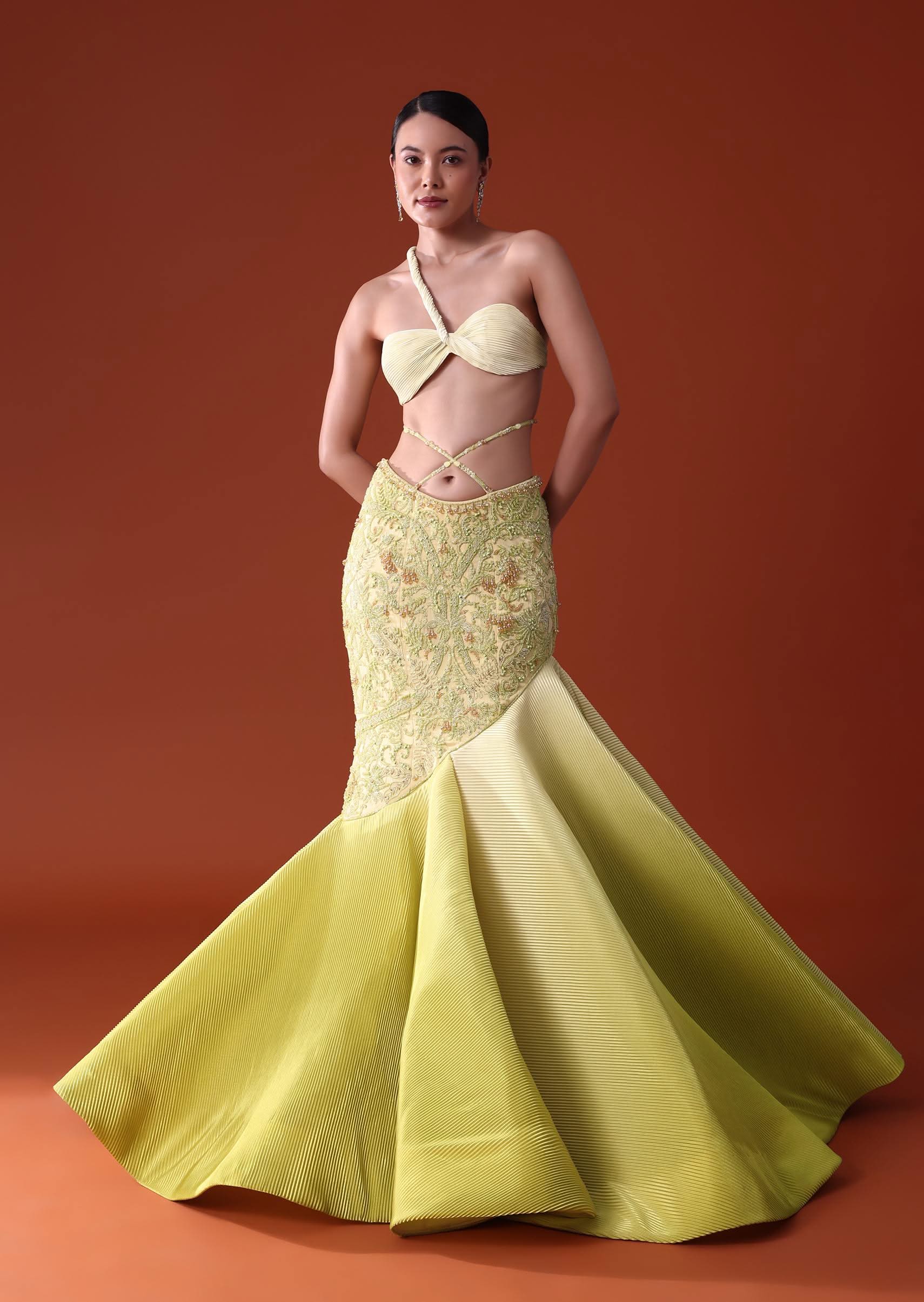 Citrus Green Pre Pleated Fish Cut Skirt And Choker Dupatta Set - Image 4