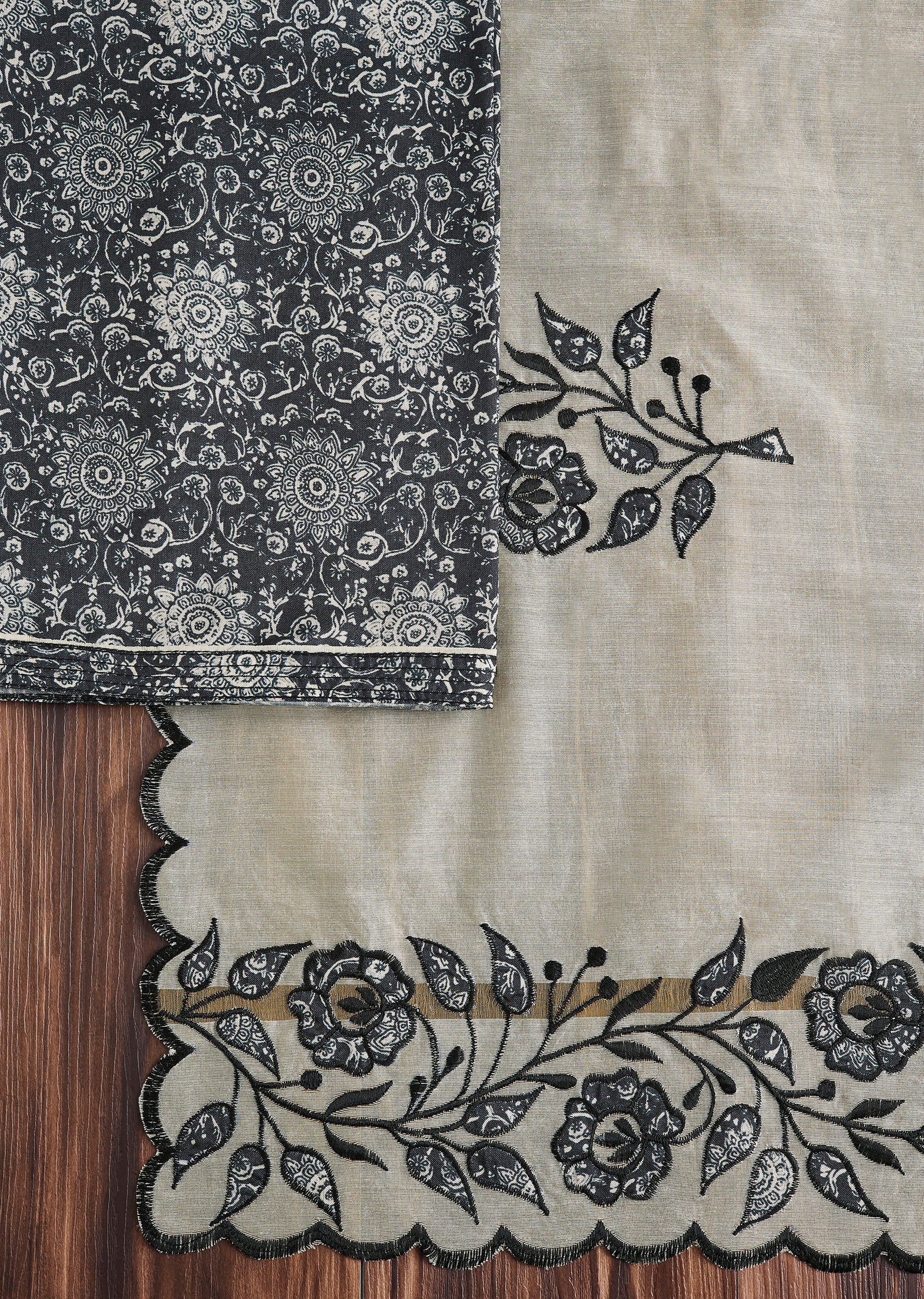 Classic Black Cotton Printed Unstitched Suit Set - Image 3