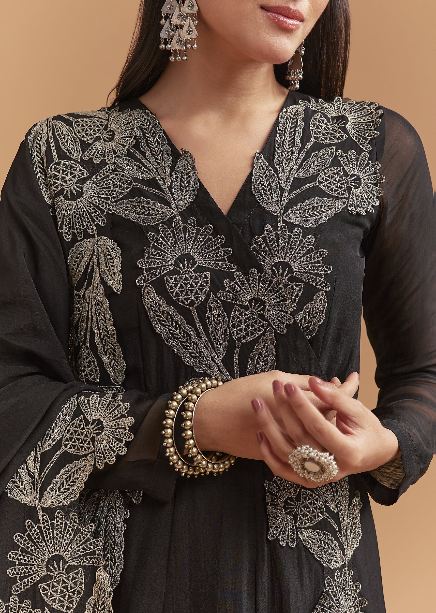 Classic Black Duo – Organza Suit For Her And Jacket Kurta Set For Him - Image 2