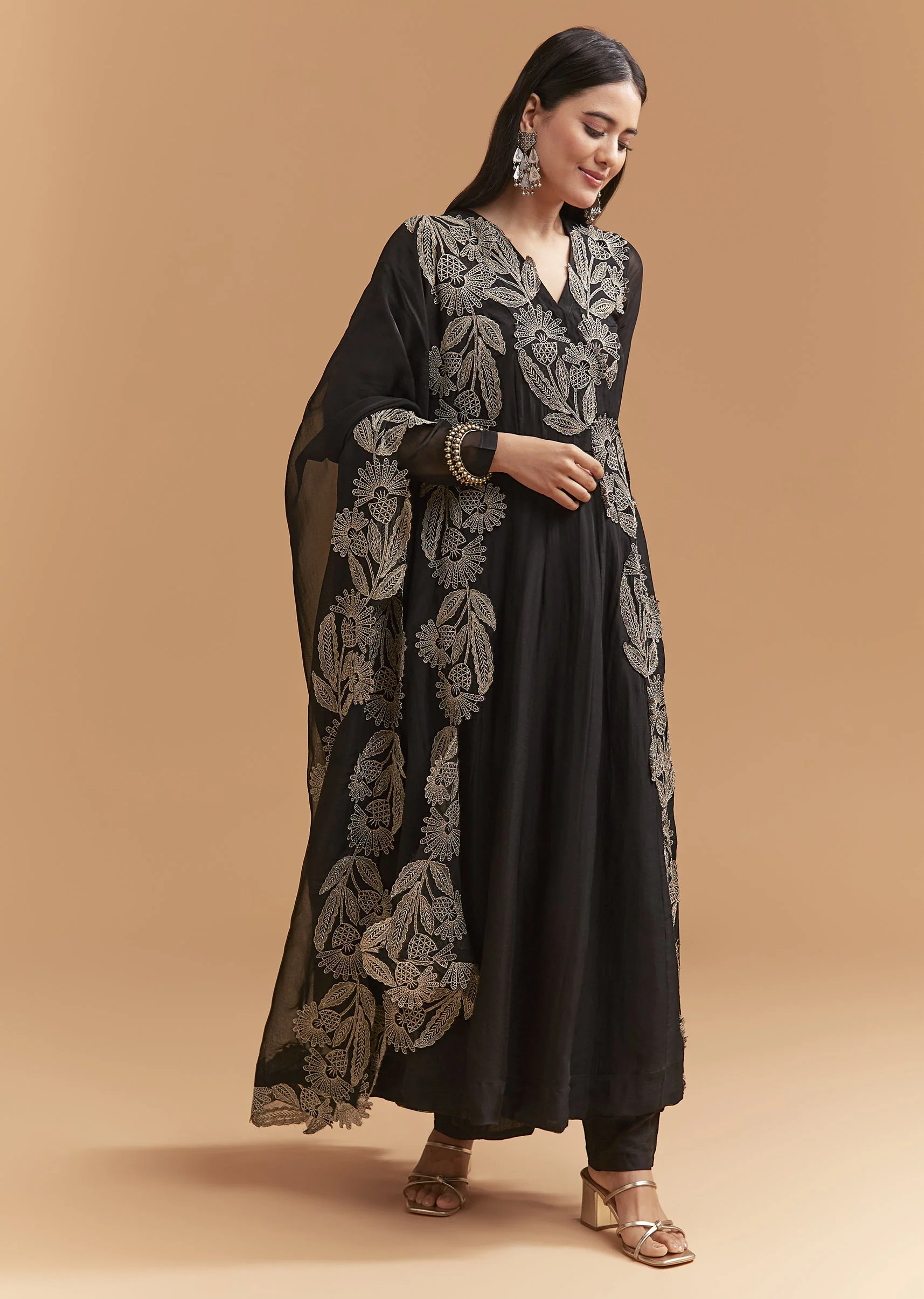 Classic Black Duo – Organza Suit For Her And Jacket Kurta Set For Him - Image 3