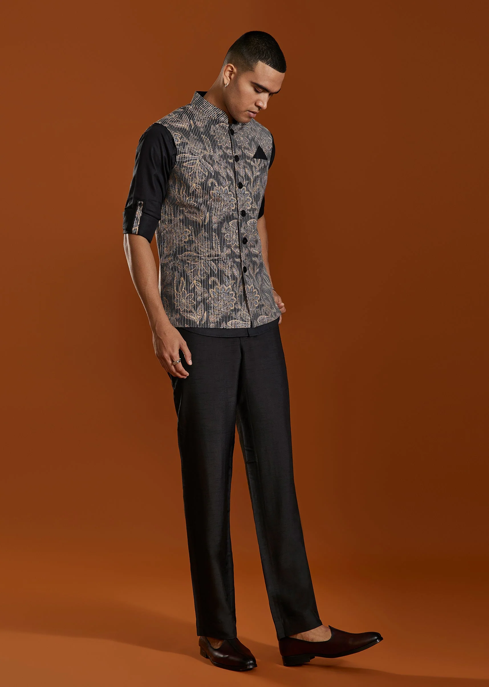 Classic Black Duo – Organza Suit For Her And Jacket Kurta Set For Him - Image 8