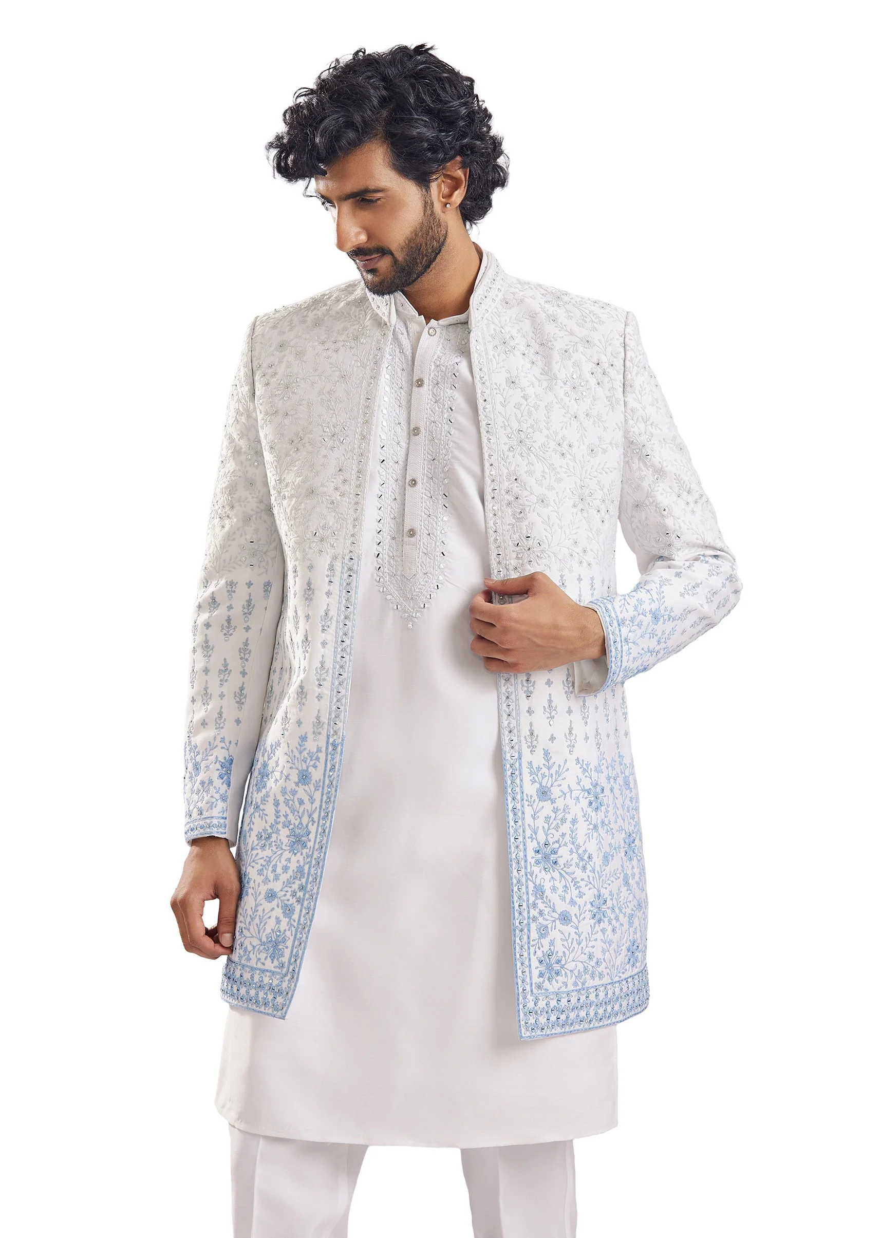 Classic Blue Mirror Work Groomsman Sherwani - Image 2