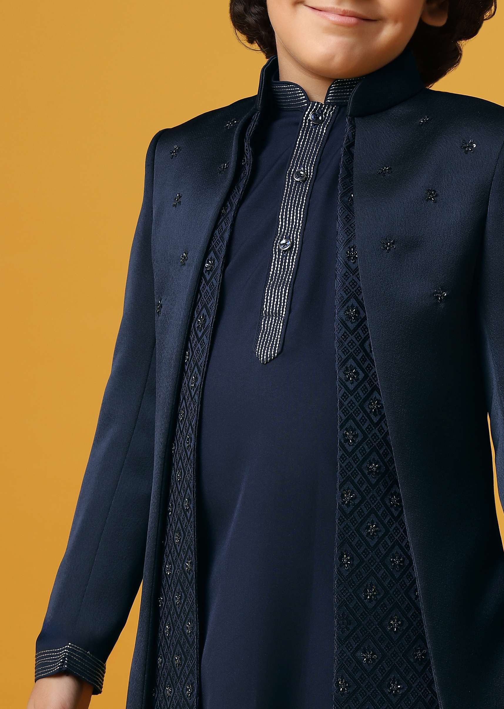 Classic Blue Silk Sherwani Set For Boys - Image 3