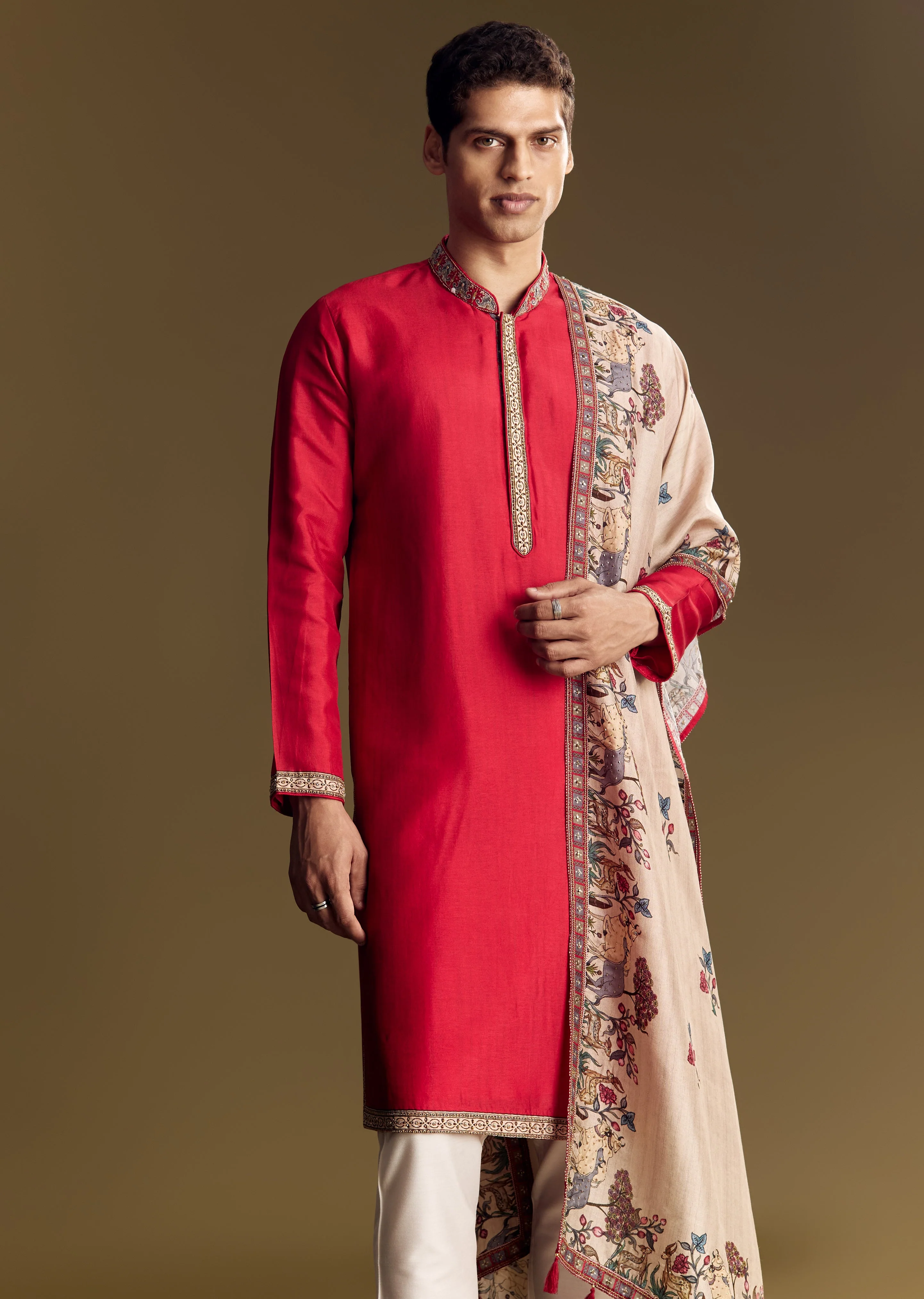 Classic Contrast Ceremony Couple Set – Off-White Khaddi Georgette Saree with Red Border for Her And Red Kurta Set for Him - Image 10