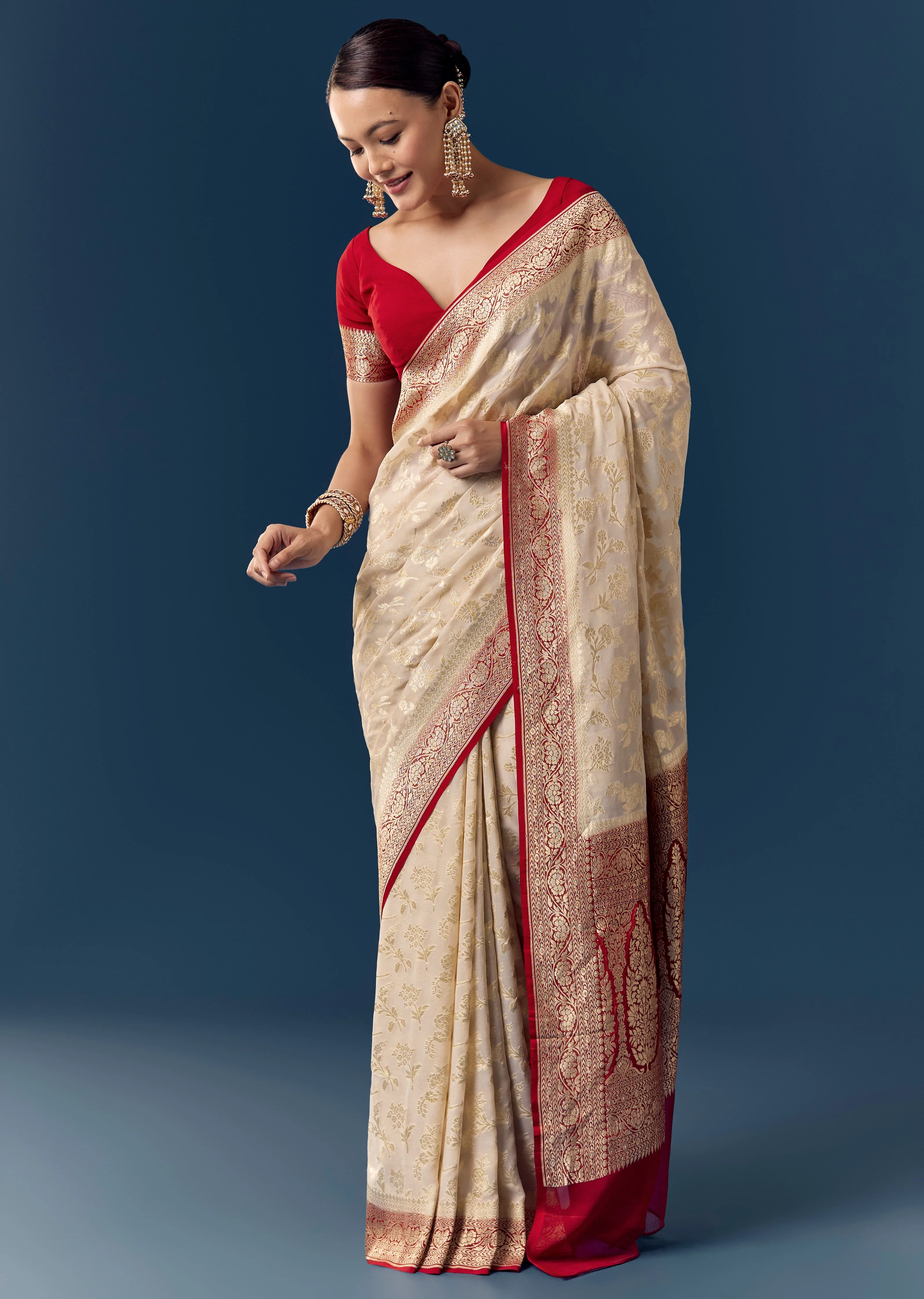 Classic Contrast Ceremony Couple Set – Off-White Khaddi Georgette Saree with Red Border for Her And Red Kurta Set for Him - Image 3