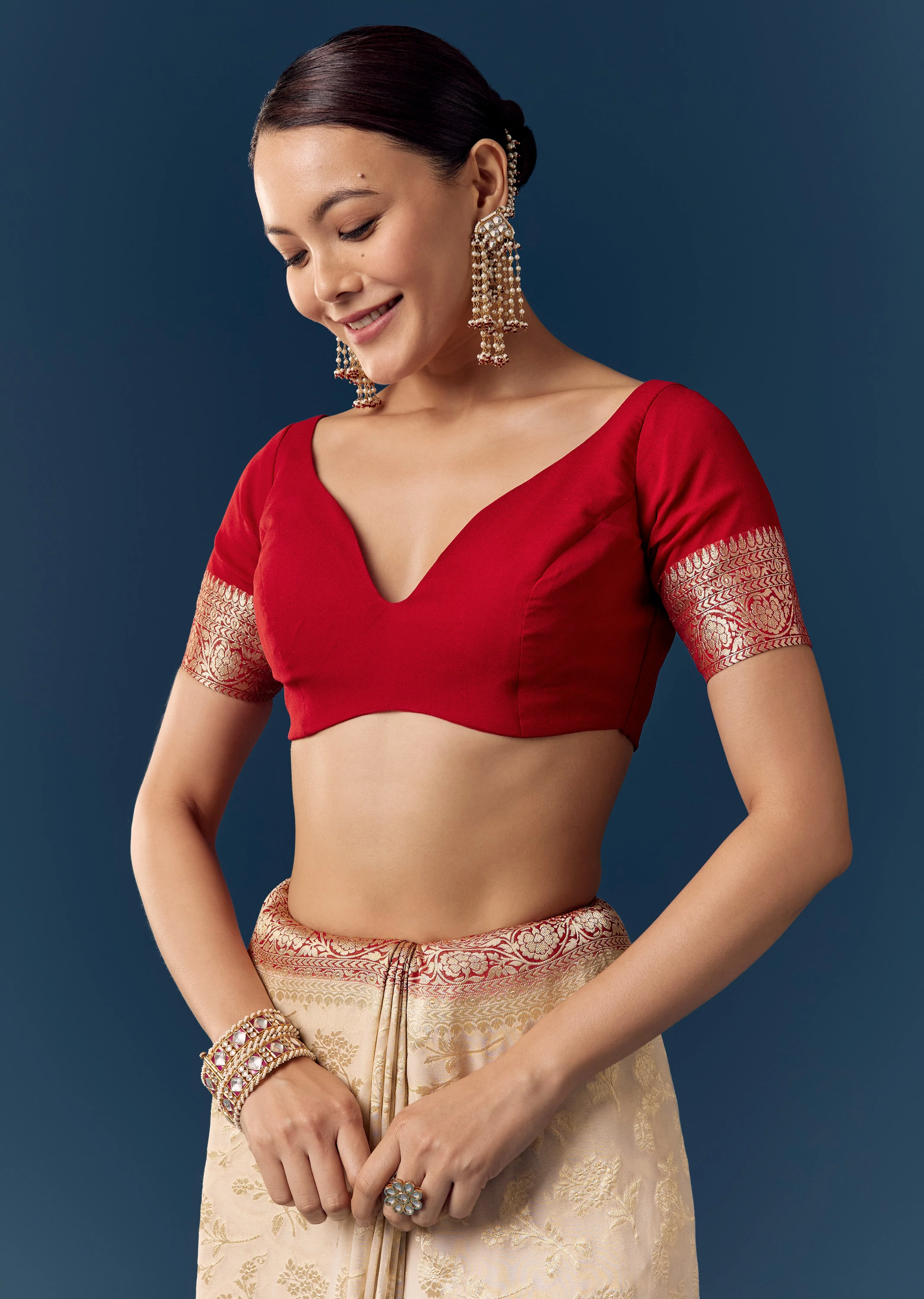 Classic Contrast Ceremony Couple Set – Off-White Khaddi Georgette Saree with Red Border for Her And Red Kurta Set for Him - Image 5