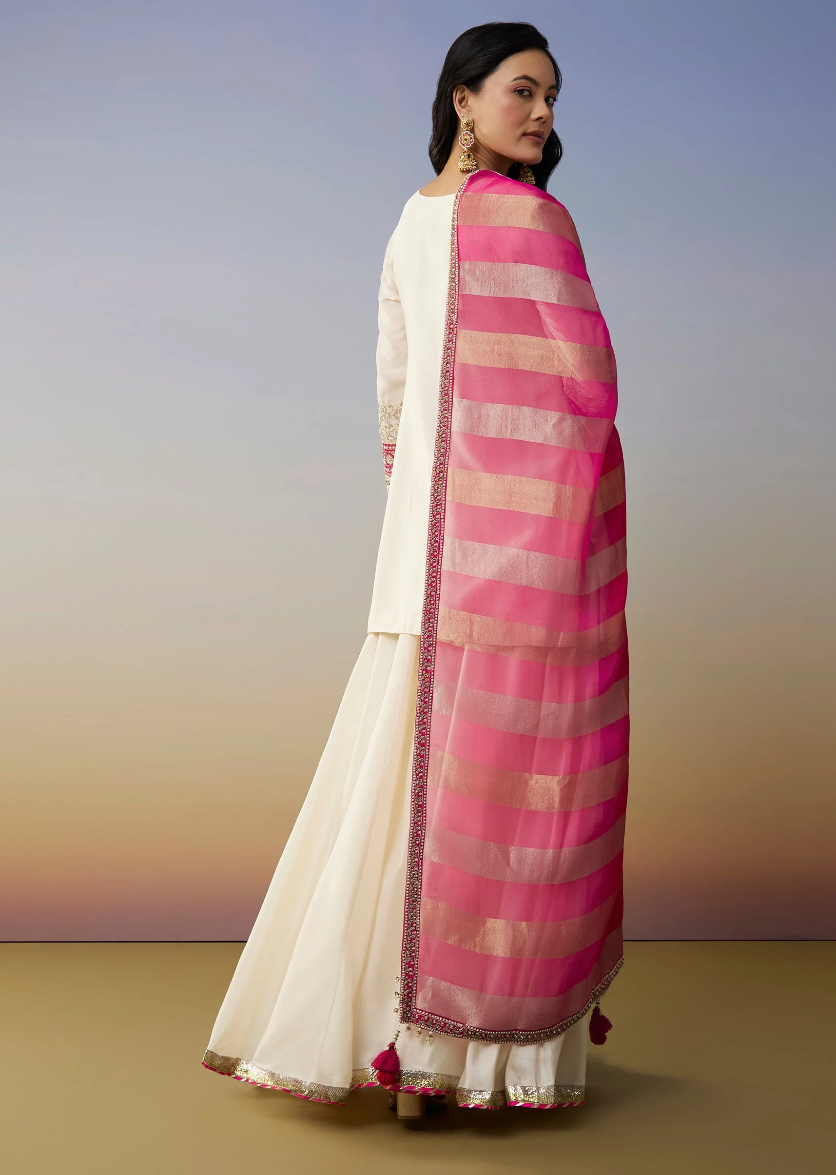 Classic Festive Couple Set – White Silk Palazzo Suit With Moti Zardosi Work For Her And Pink Silk Kurta Set With Mirror And Thread Work For Him - Image 5