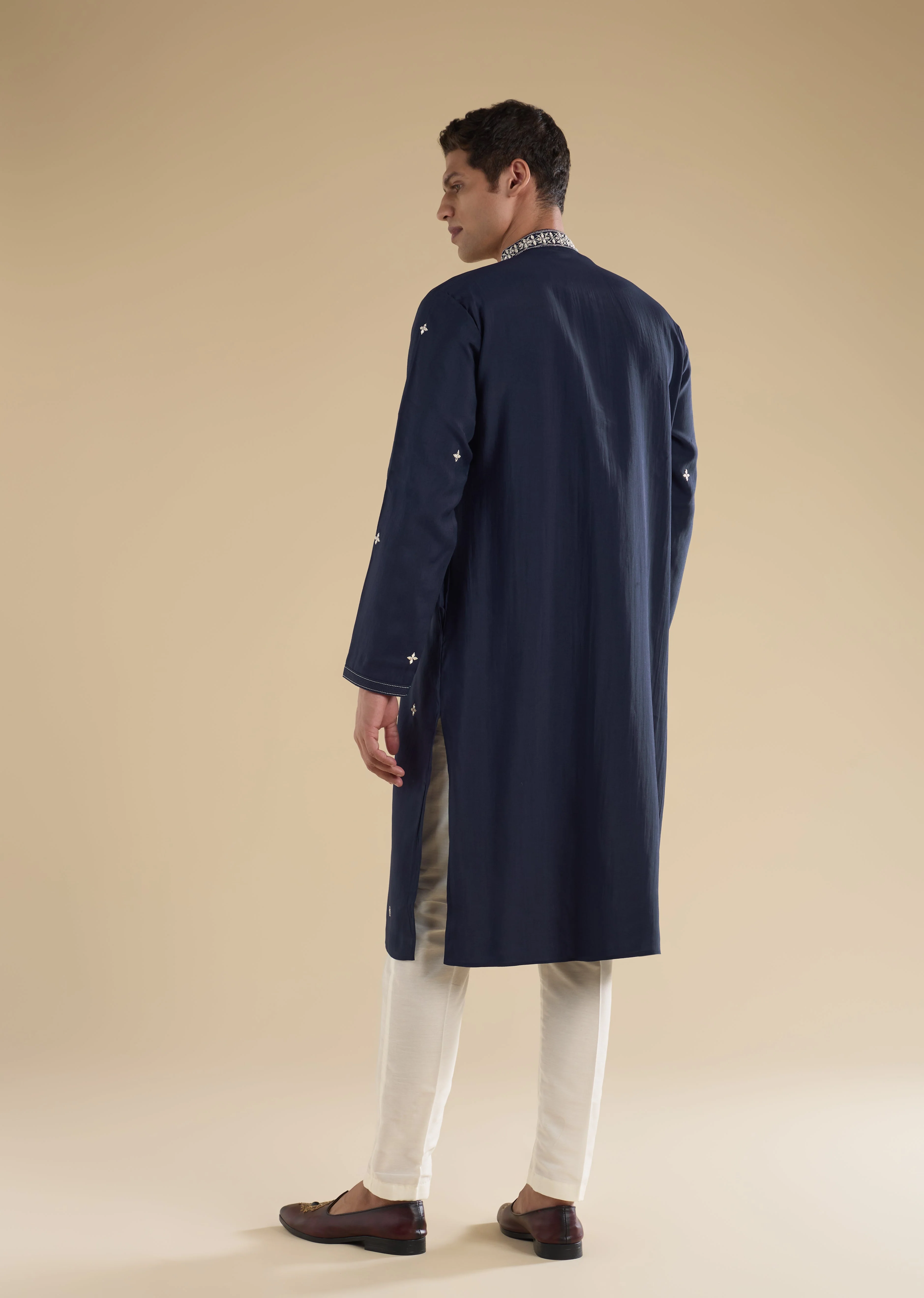 Classic Navy Evening Couple Set – Navy Blue Chinon Sharara Suit with Cutdana and Sequin Embroidery for Her And Navy Blue Classic Kurta Set for Him - Image 11