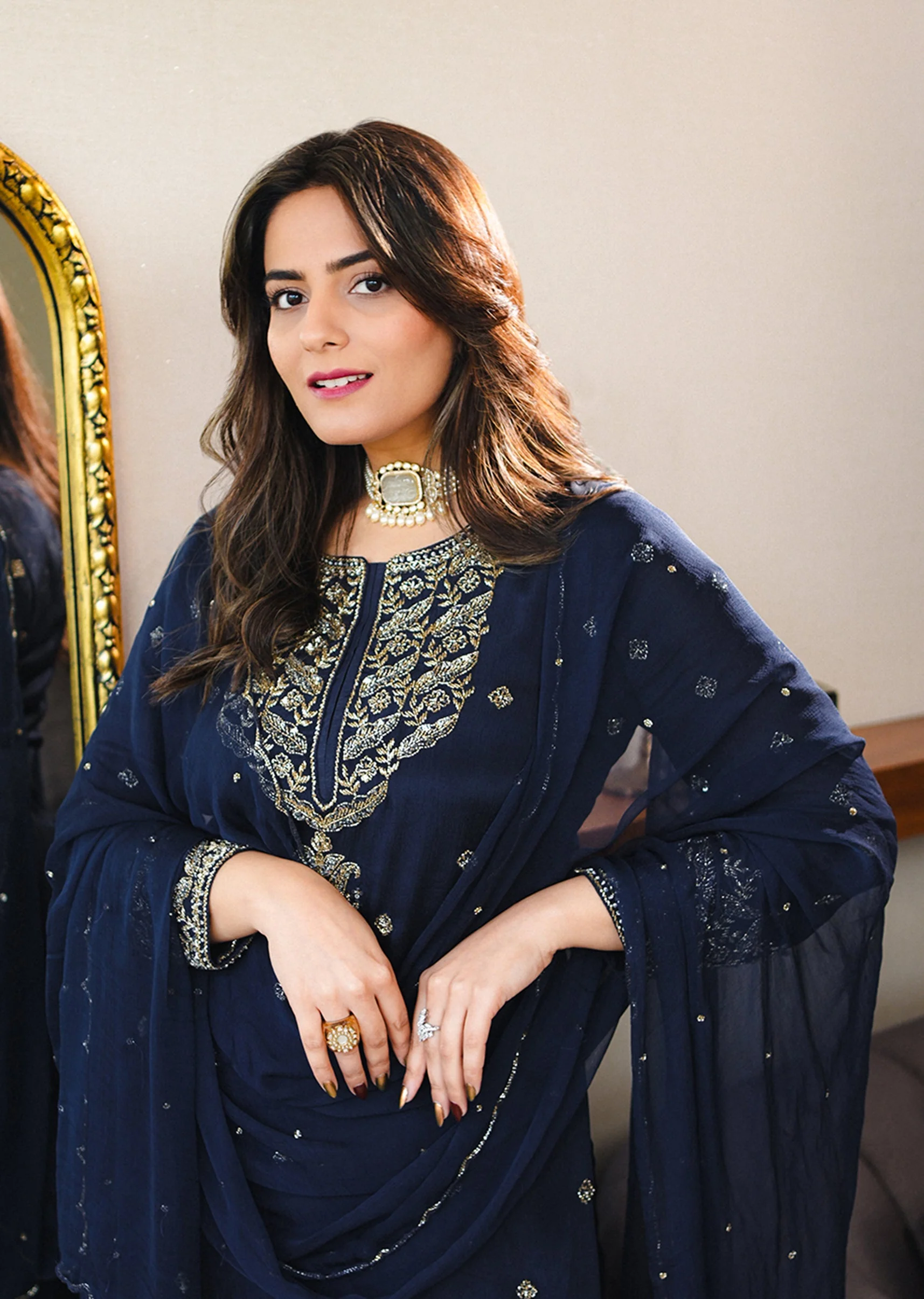 Classic Navy Evening Couple Set – Navy Blue Chinon Sharara Suit with Cutdana and Sequin Embroidery for Her And Navy Blue Classic Kurta Set for Him - Image 2