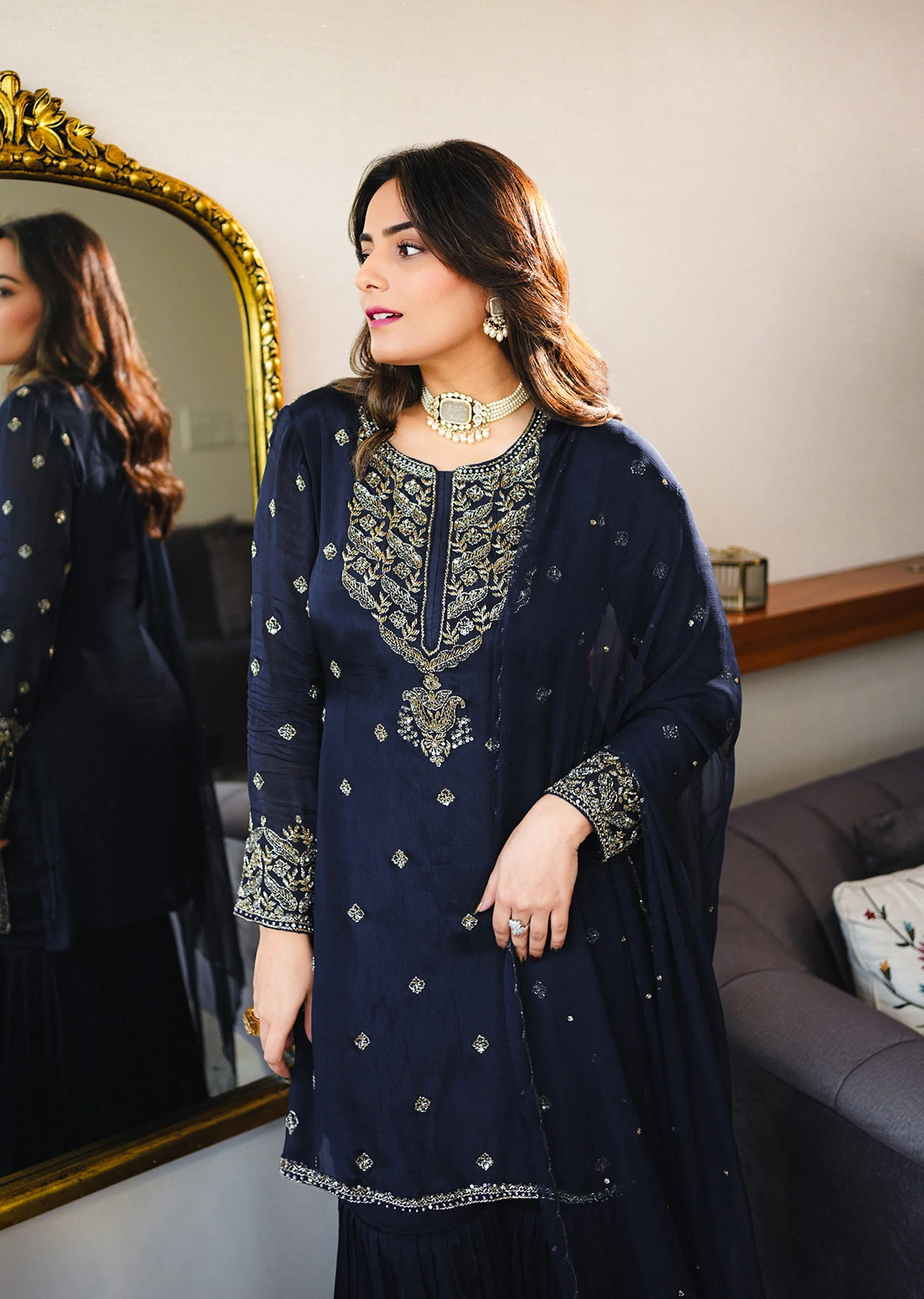 Classic Navy Evening Couple Set – Navy Blue Chinon Sharara Suit with Cutdana and Sequin Embroidery for Her And Navy Blue Classic Kurta Set for Him - Image 4