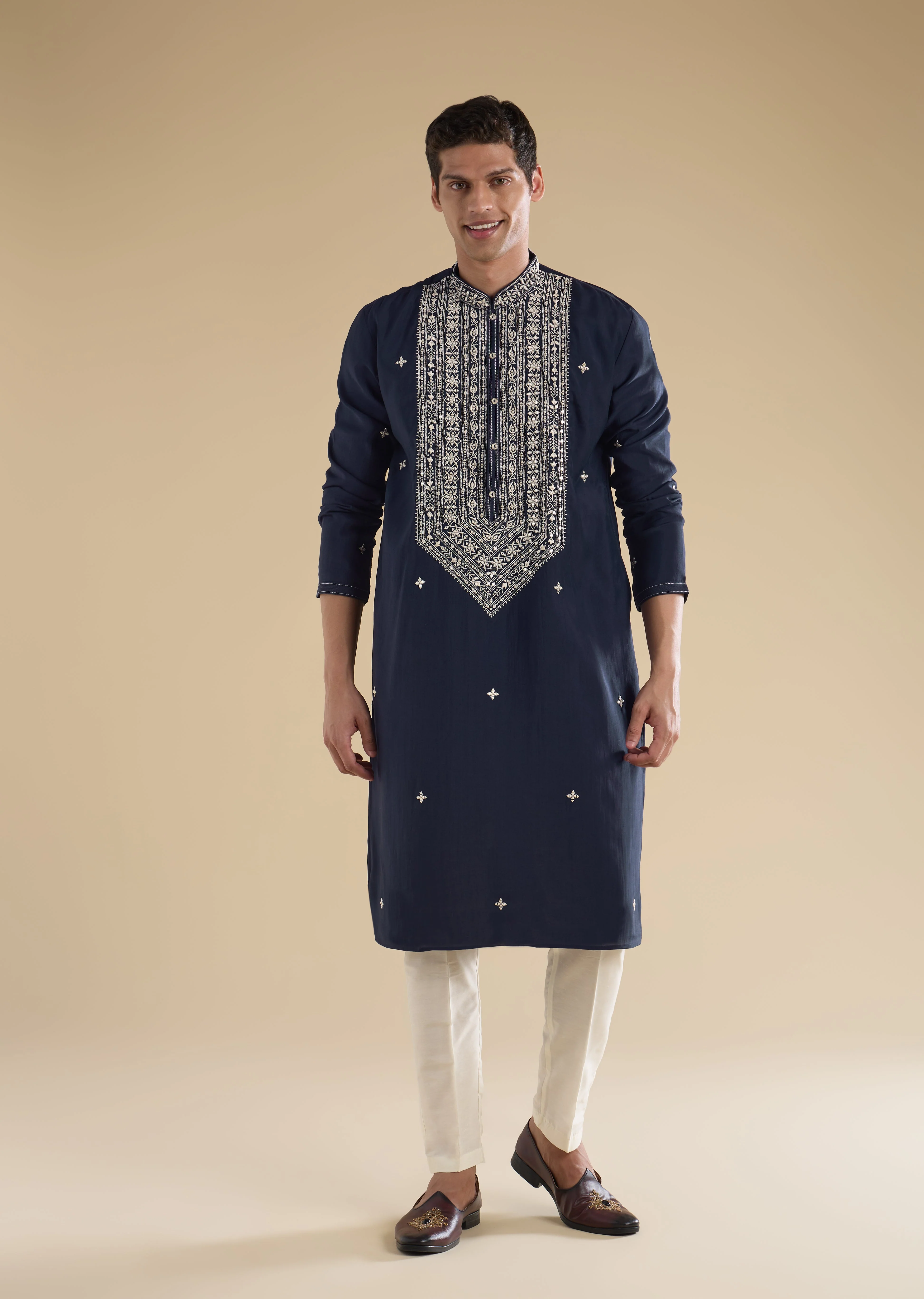Classic Navy Evening Couple Set – Navy Blue Chinon Sharara Suit with Cutdana and Sequin Embroidery for Her And Navy Blue Classic Kurta Set for Him - Image 7