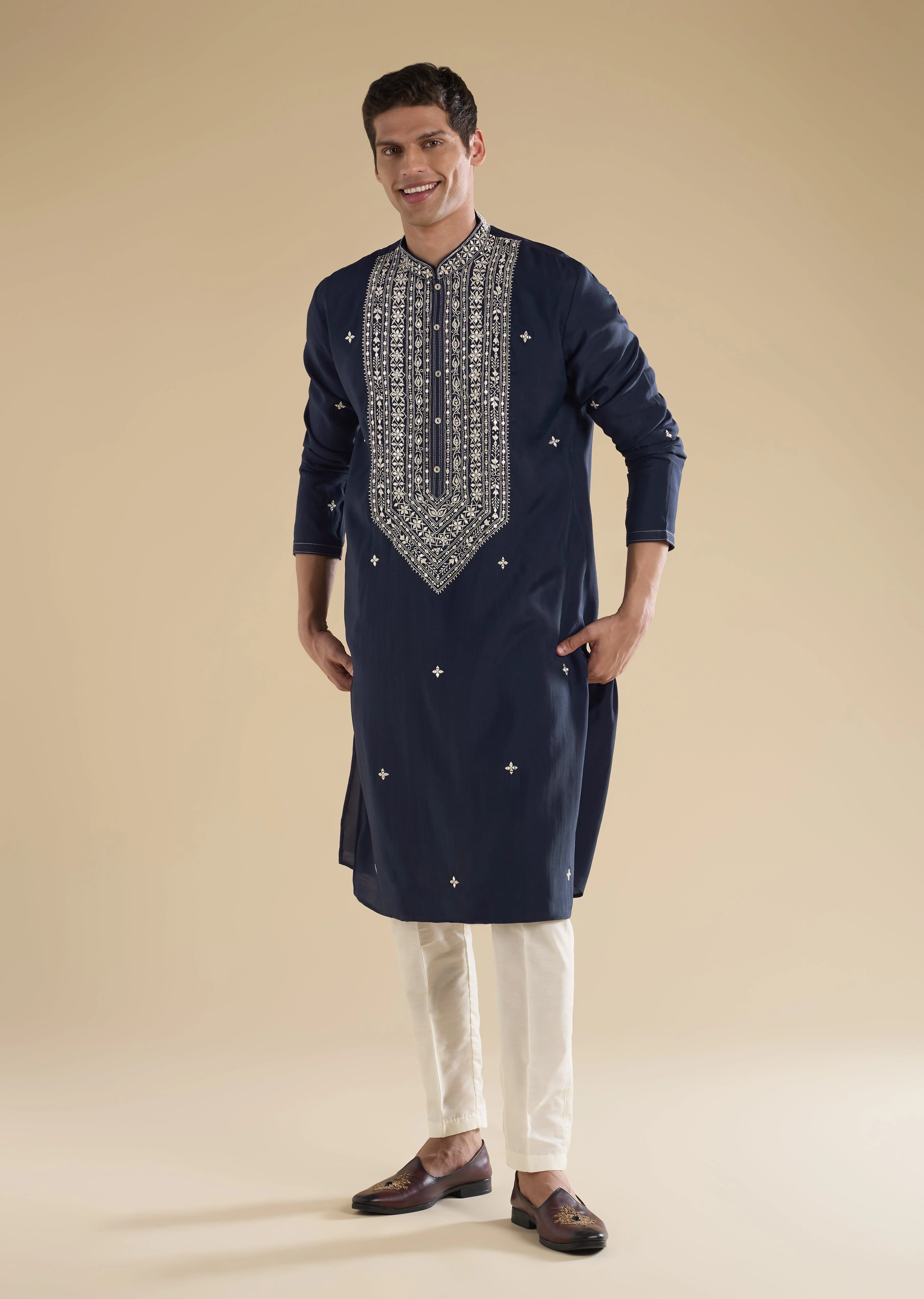 Classic Navy Evening Couple Set – Navy Blue Chinon Sharara Suit with Cutdana and Sequin Embroidery for Her And Navy Blue Classic Kurta Set for Him - Image 9