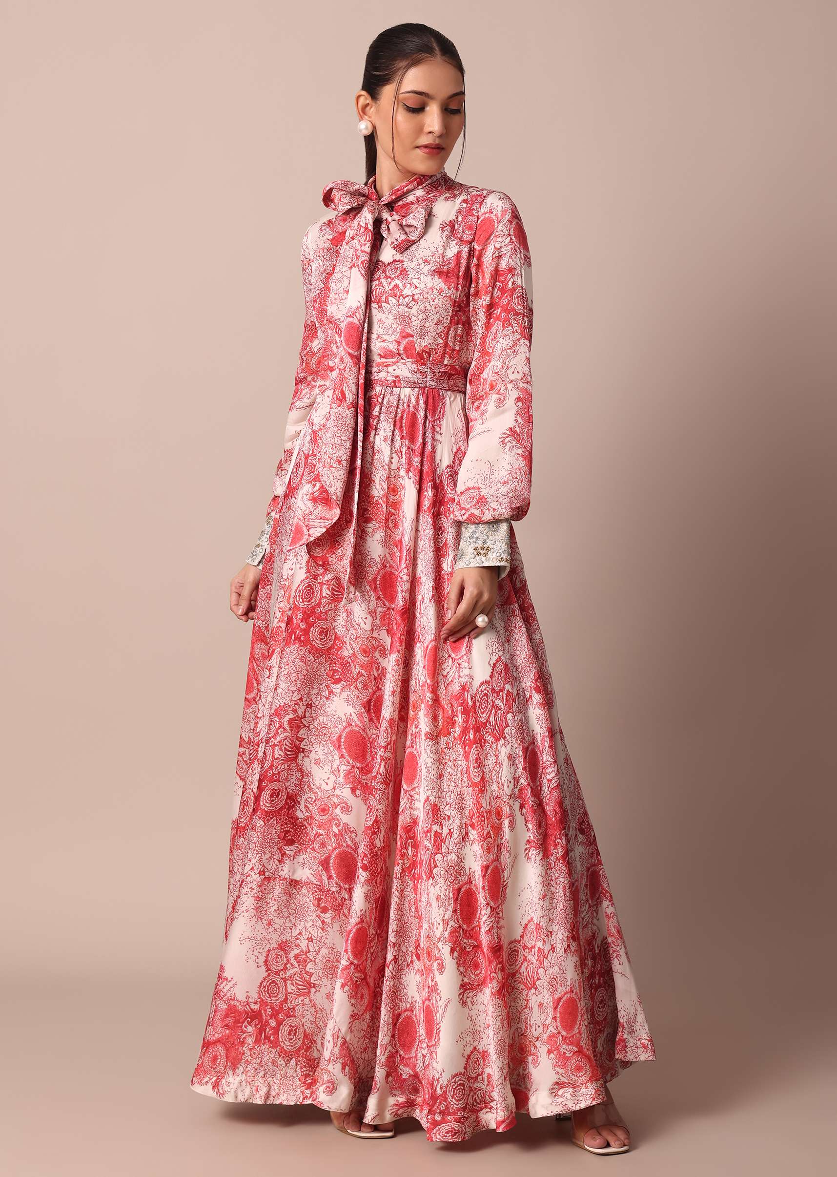 Classic Red Crepe Printed Gown With Embroidered Sleeves - Image 3
