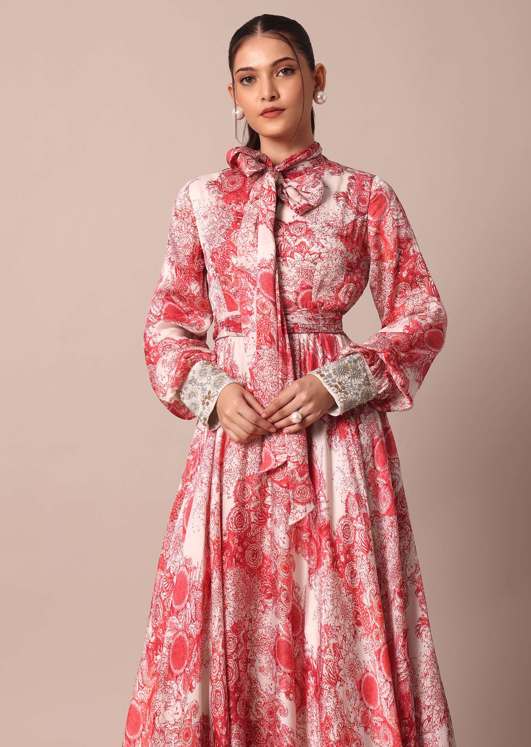 Classic Red Crepe Printed Gown With Embroidered Sleeves - Image 4