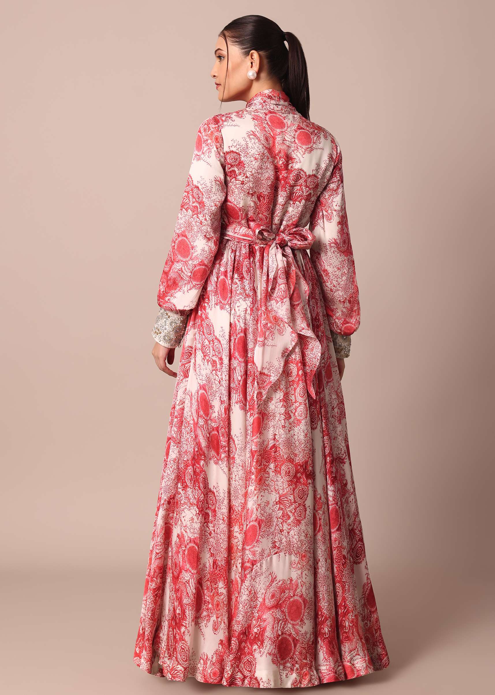 Classic Red Crepe Printed Gown With Embroidered Sleeves - Image 5