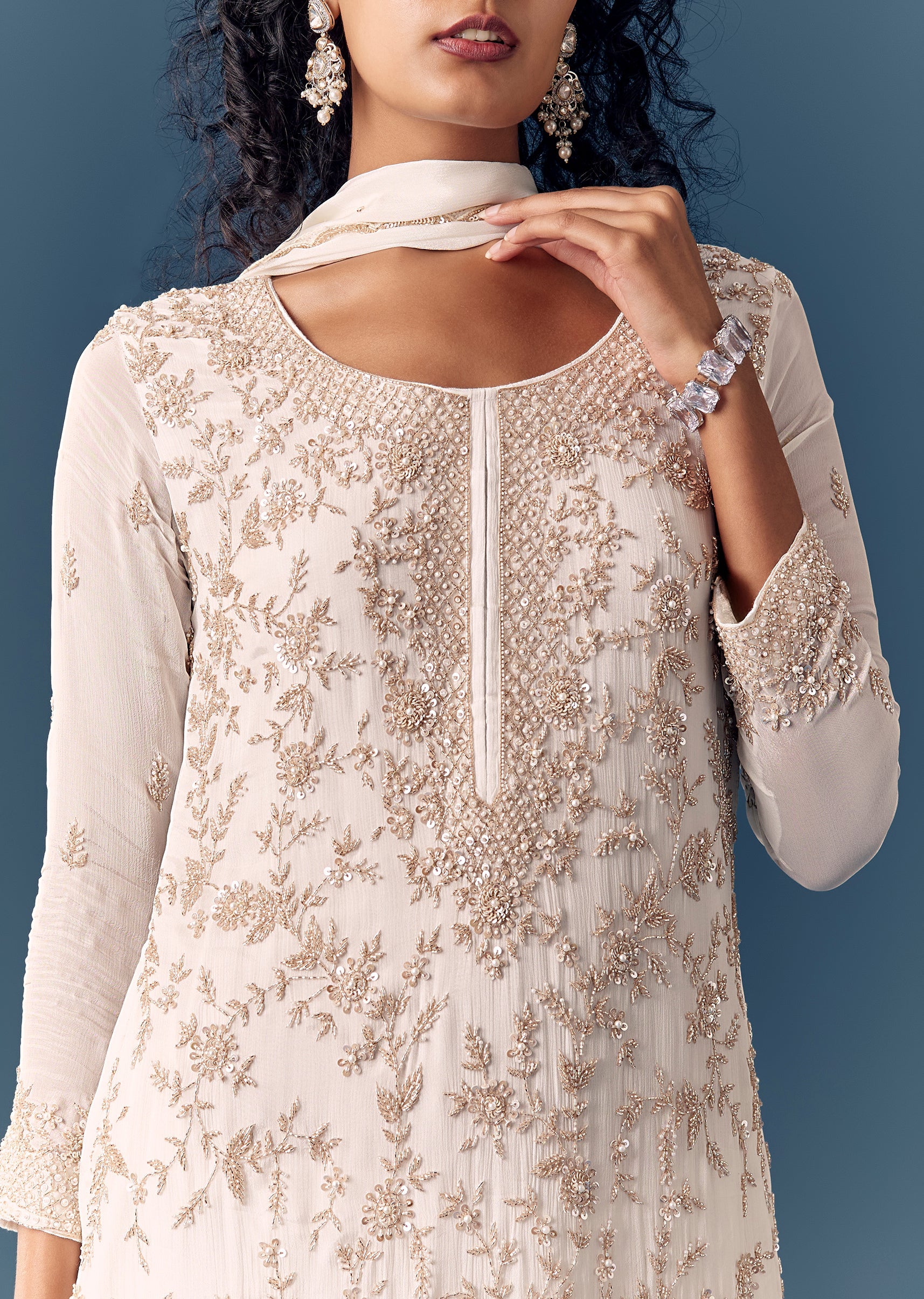 Classic White Twin Style – Cut Dana Kurta Palazzo Set For Her And White Linen Embroidered Kurta Set For Him - Image 3