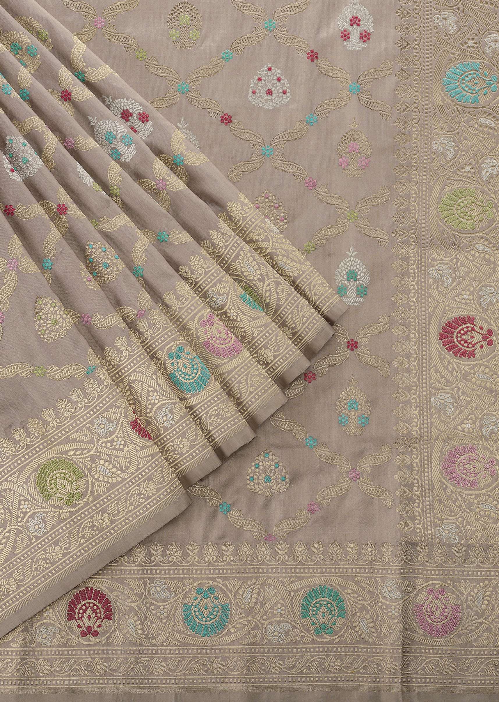 Cloud Grey Handloom Banarasi Saree In Katan Silk With 3-Gram Real Zari Weave And Unstitched Blouse - Image 3