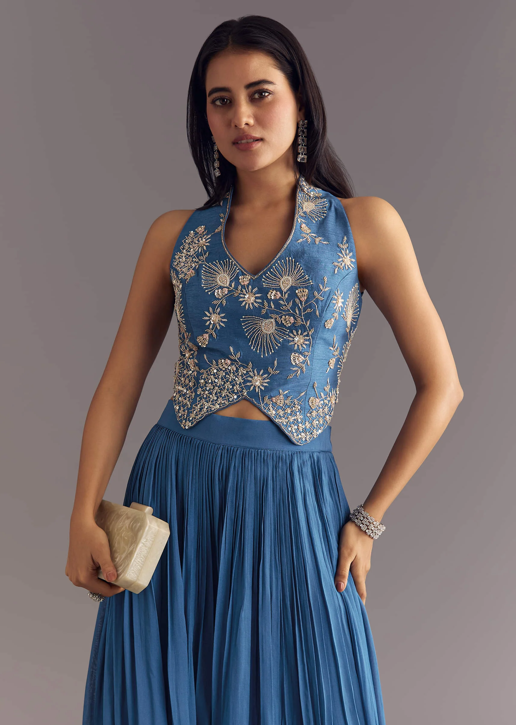 Cobalt Blue Georgette Croptop Palazzo Suit With Embroidery - Image 2