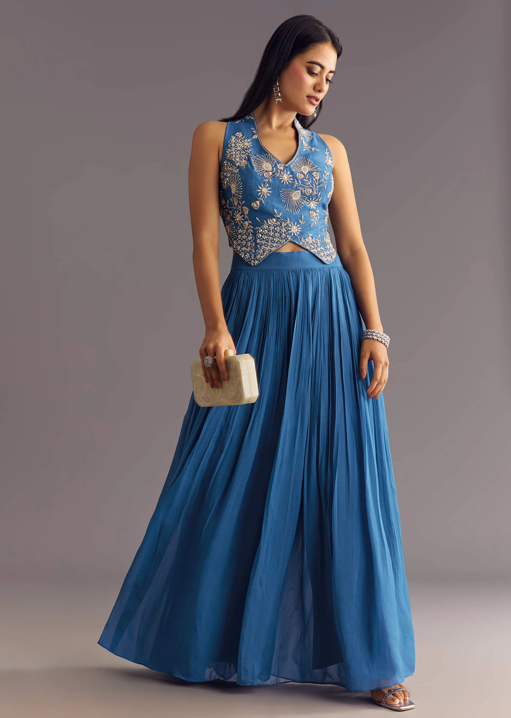 Cobalt Blue Georgette Croptop Palazzo Suit With Embroidery - Image 7