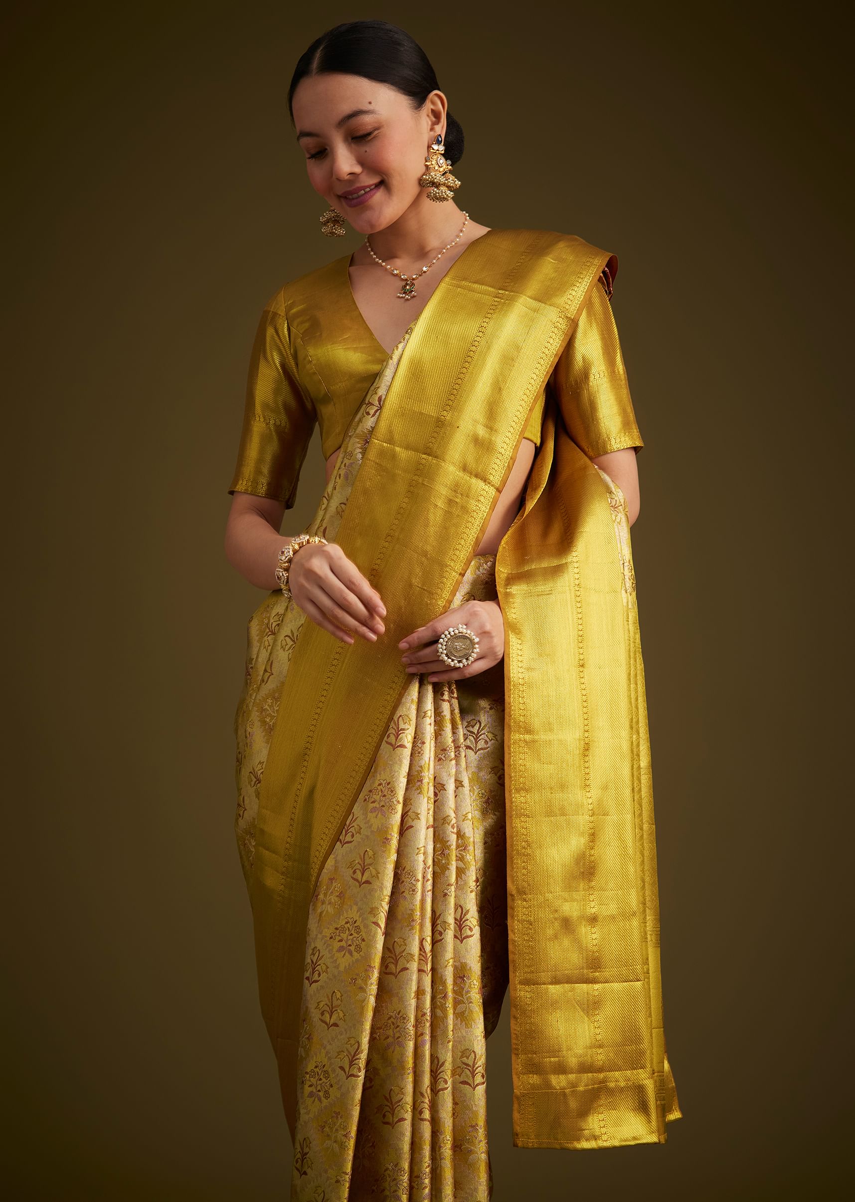 Coffee Beige Kanjivaram Silk Saree With Golden Zari Border - Image 2