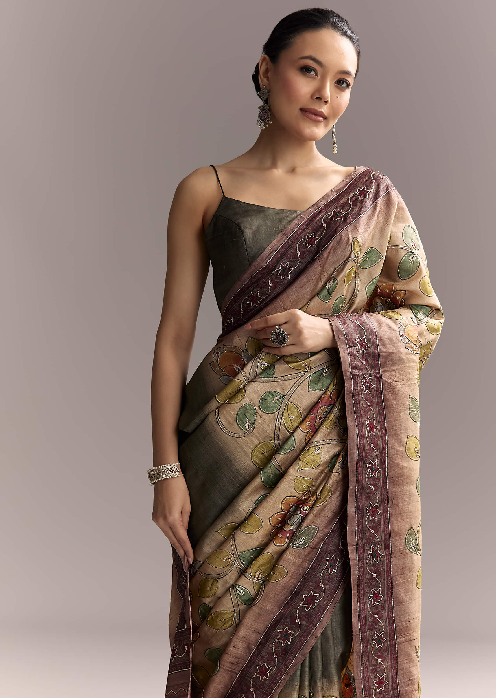 Coffee Brown Cotton Hand Painted Saree With Contrast Border - Image 5