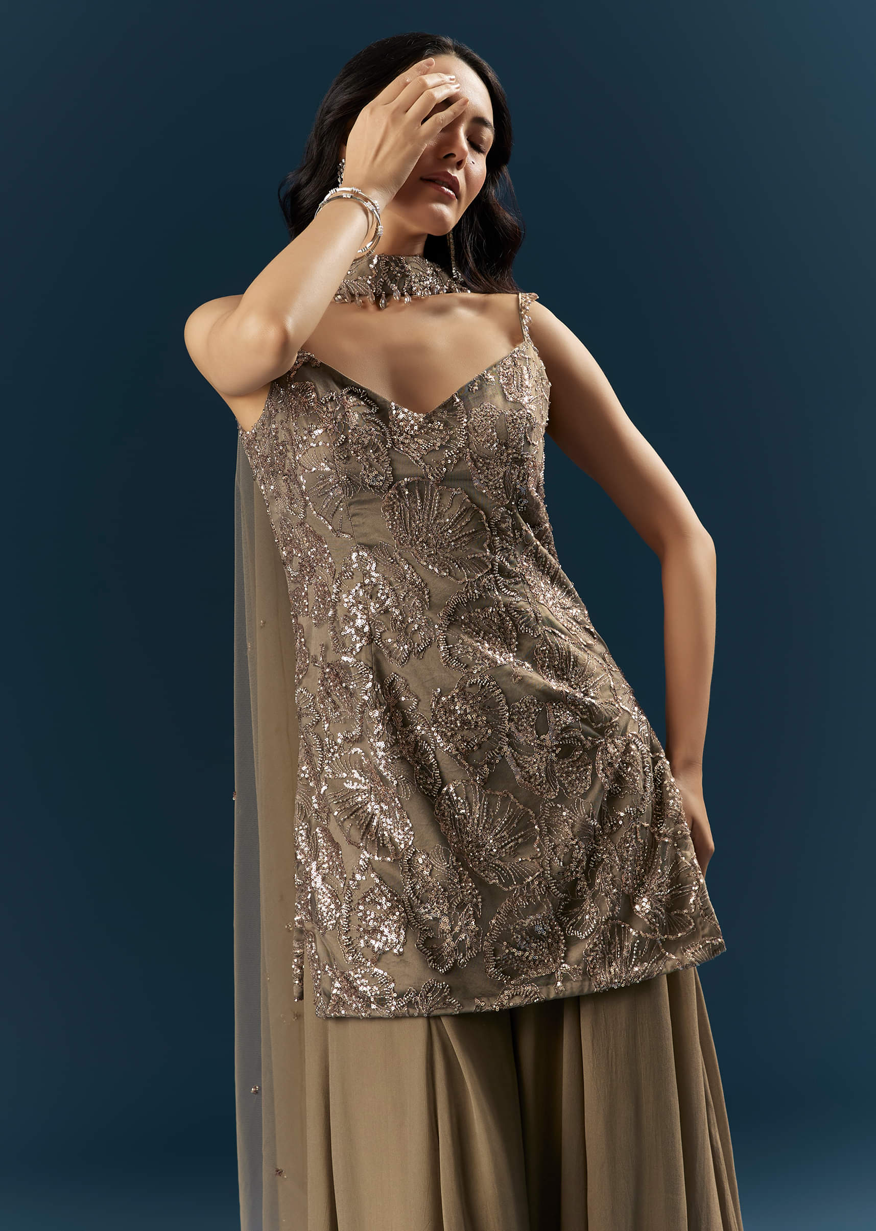 Coffee Brown Imported Georgette Sharara Suit With Heavy Embroidery - Image 5