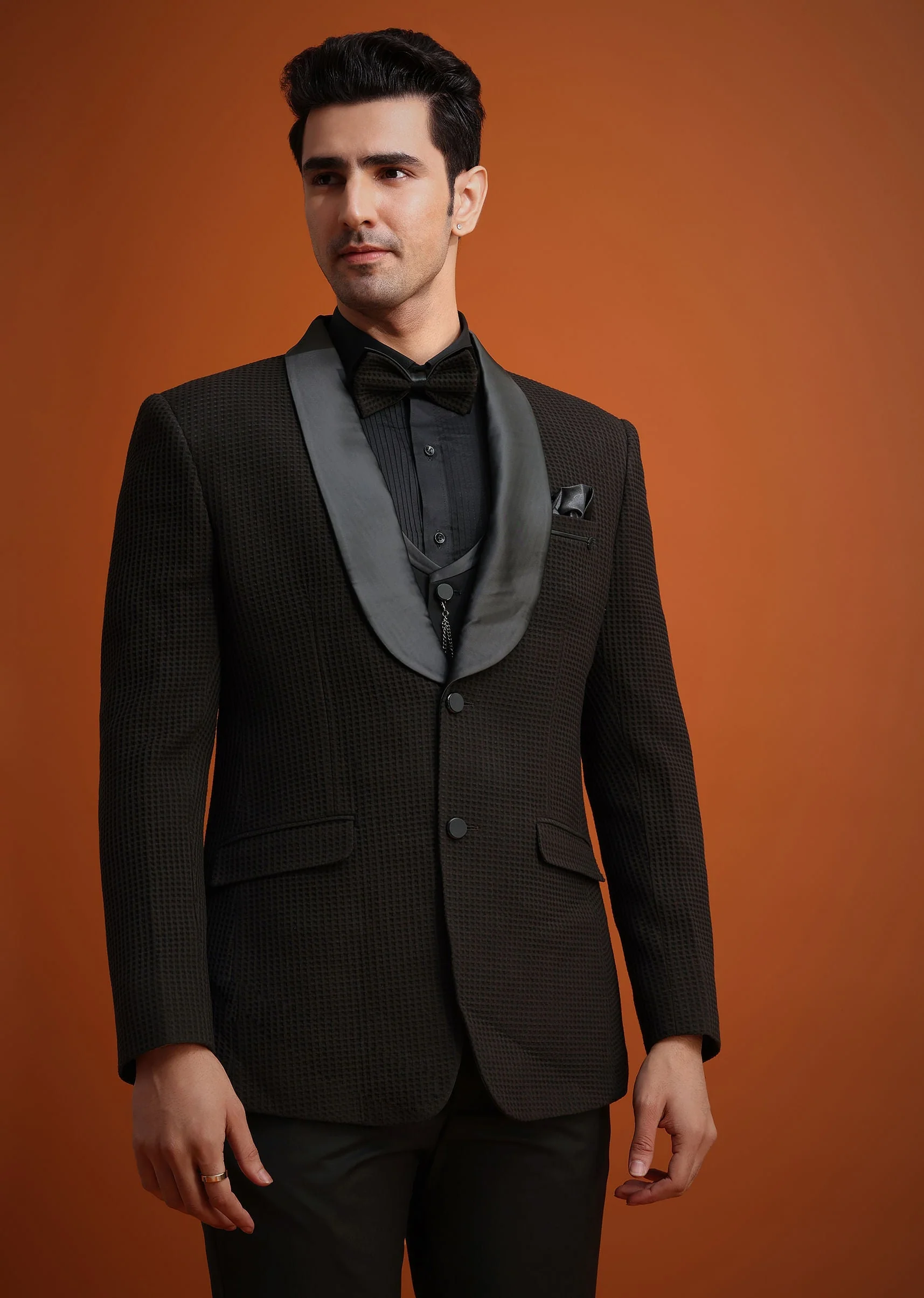 Coffee Brown Knit Tuxedo Set With Waistcoat And Bow - Image 4
