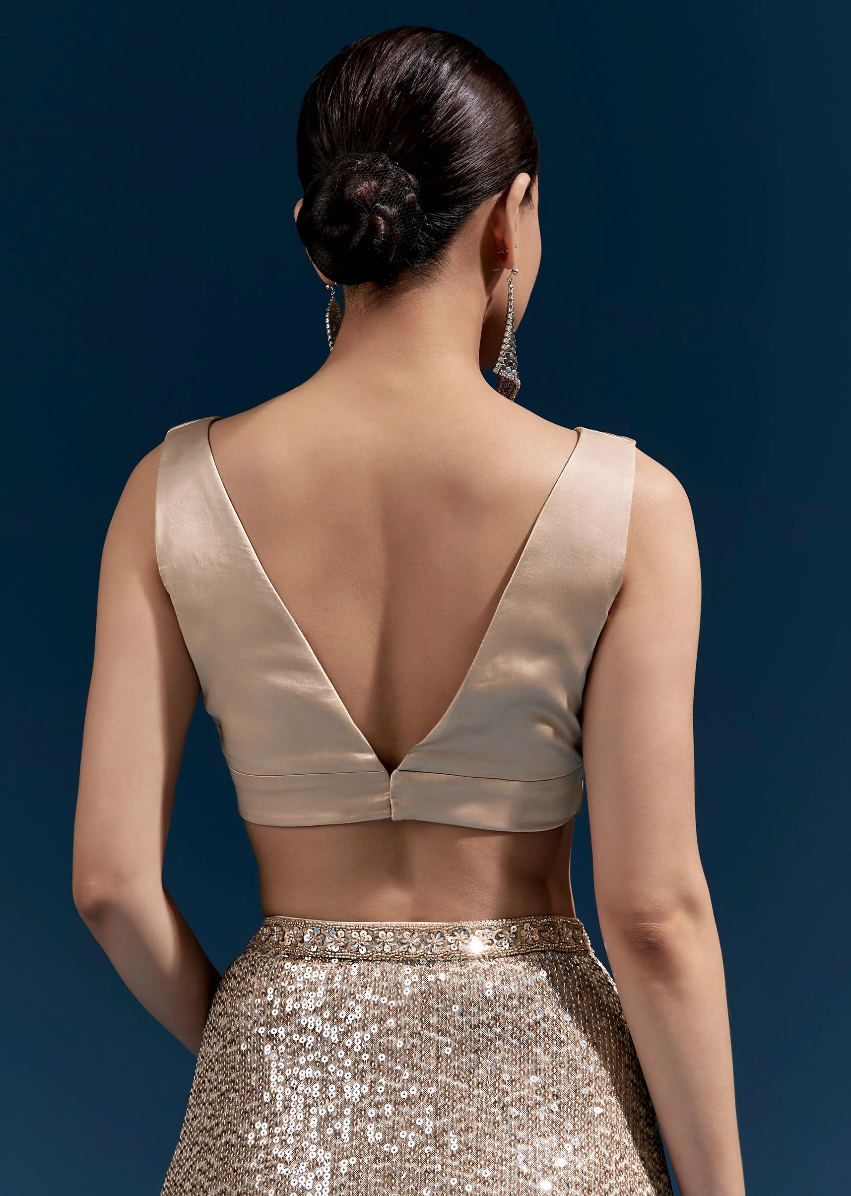 Coffee Brown Net Sequin Saree With Linear All Over Work And Hand Embroidered Floral Border - Image 8