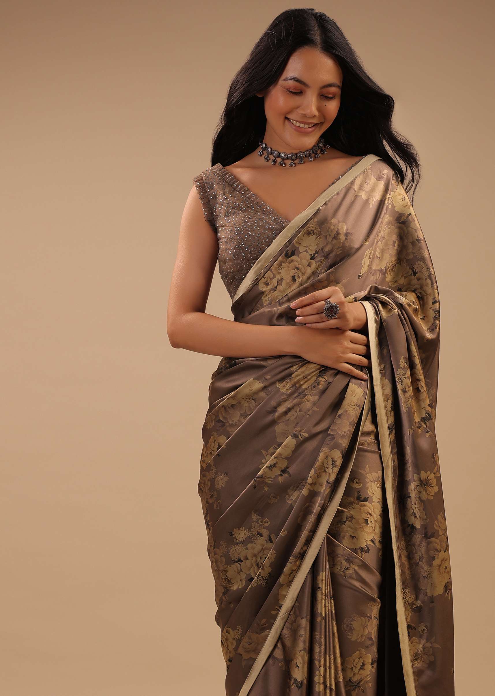 Coffee Brown Satin Saree With Floral Print And Blouse With Stone Work - Image 5
