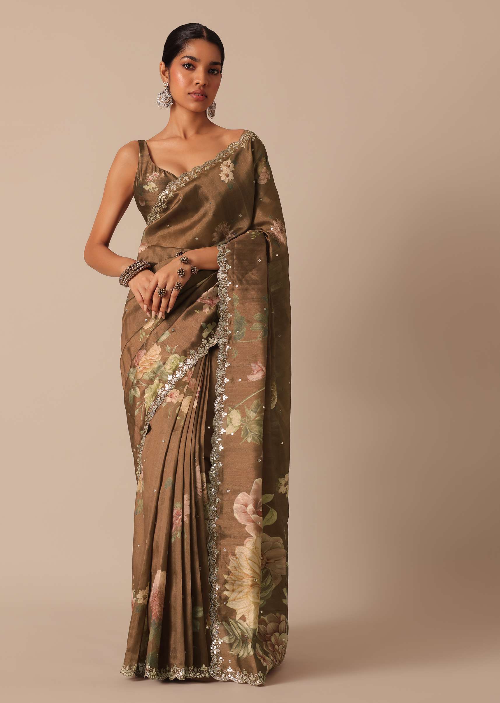 Coffee Brown Tussar Saree With Mirror Border And Unstitched Blouse Piece - Image 5