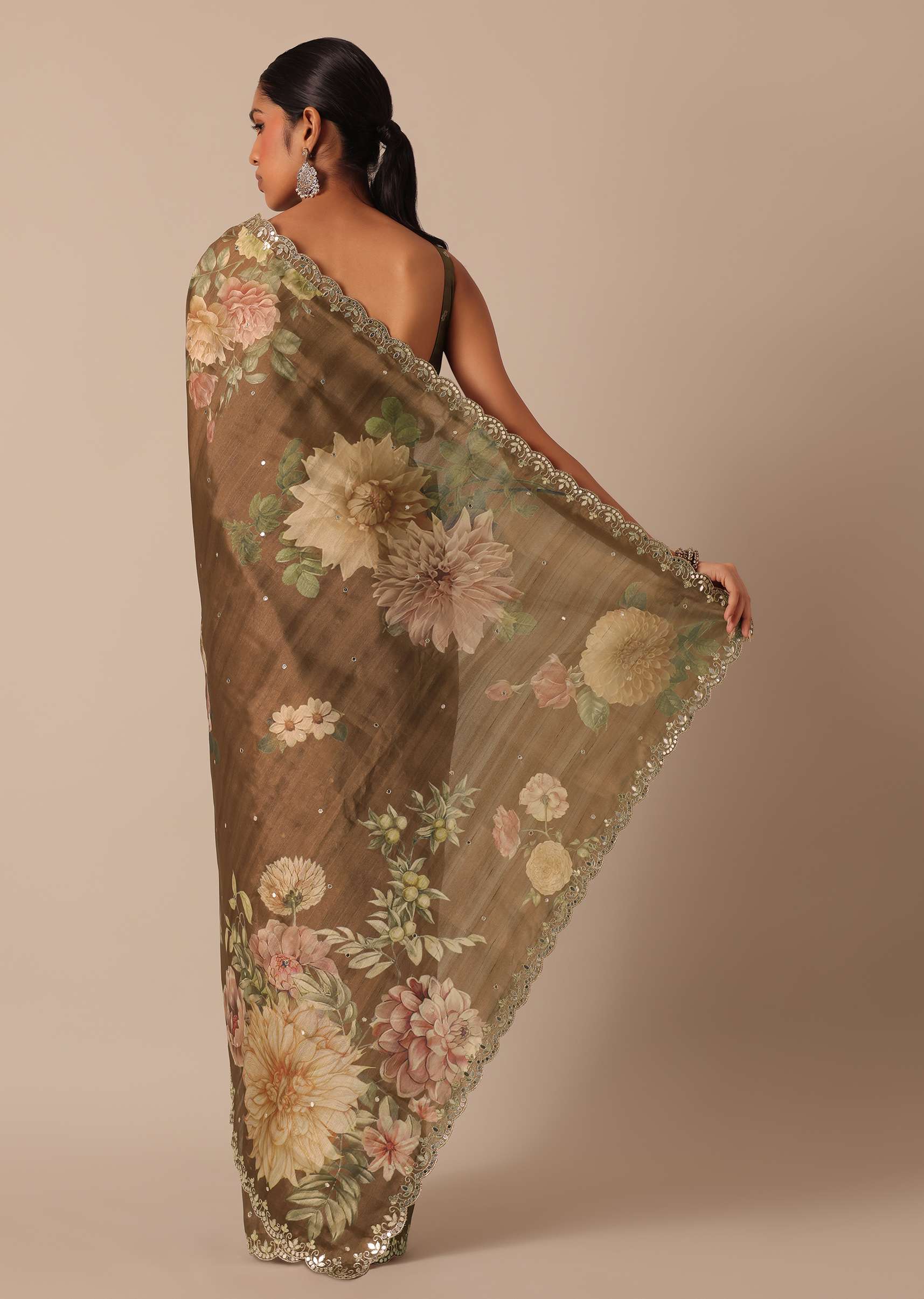 Coffee Brown Tussar Saree With Mirror Border And Unstitched Blouse Piece - Image 6